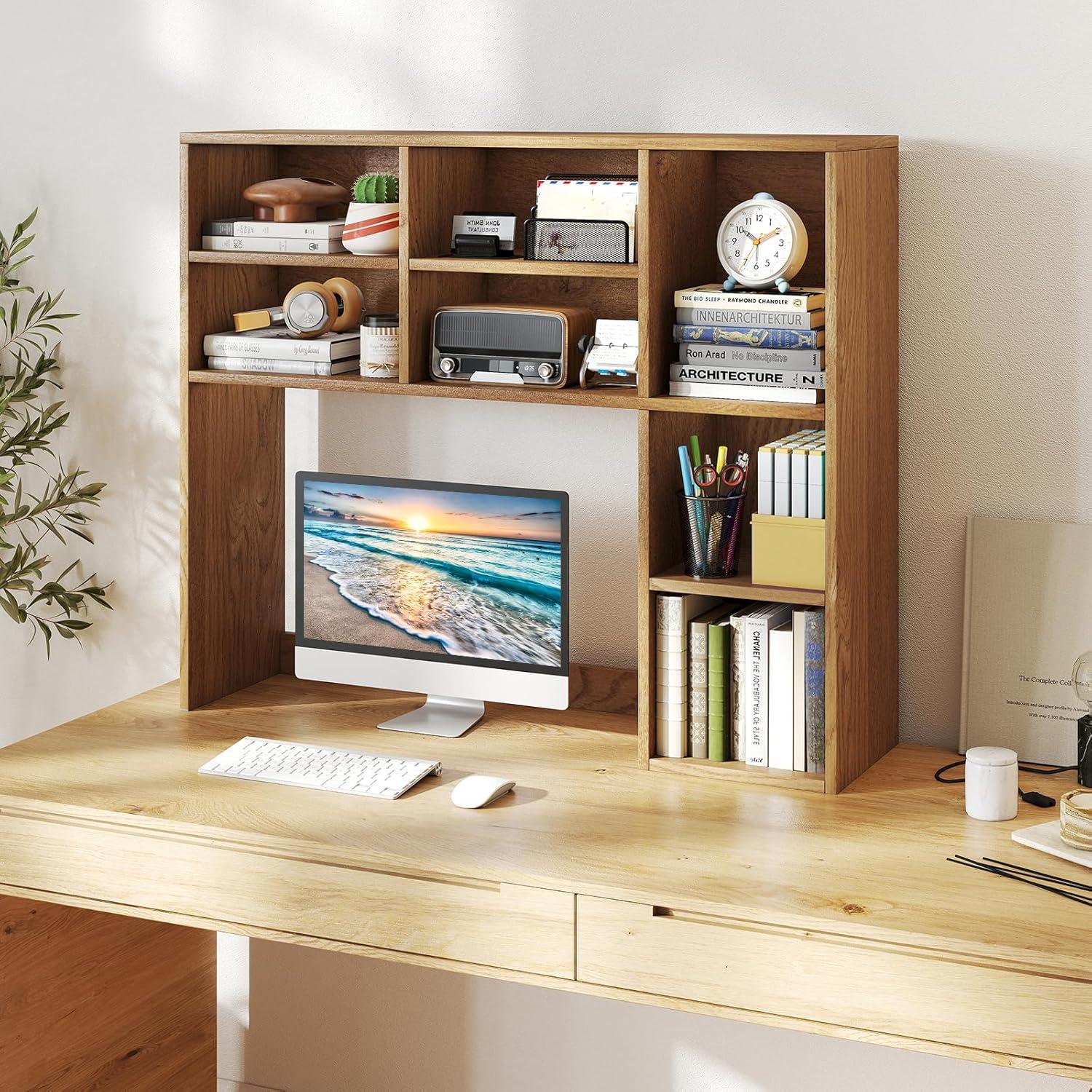 image:imageGiantex Desktop Bookshelf Countertop Storage Hutch with 4 Shelves for Computer Desk Dressing Tabletop Display Rack Multipurpose Desk Hutch Storage Organizer for Home Office Dorm BlackNatural