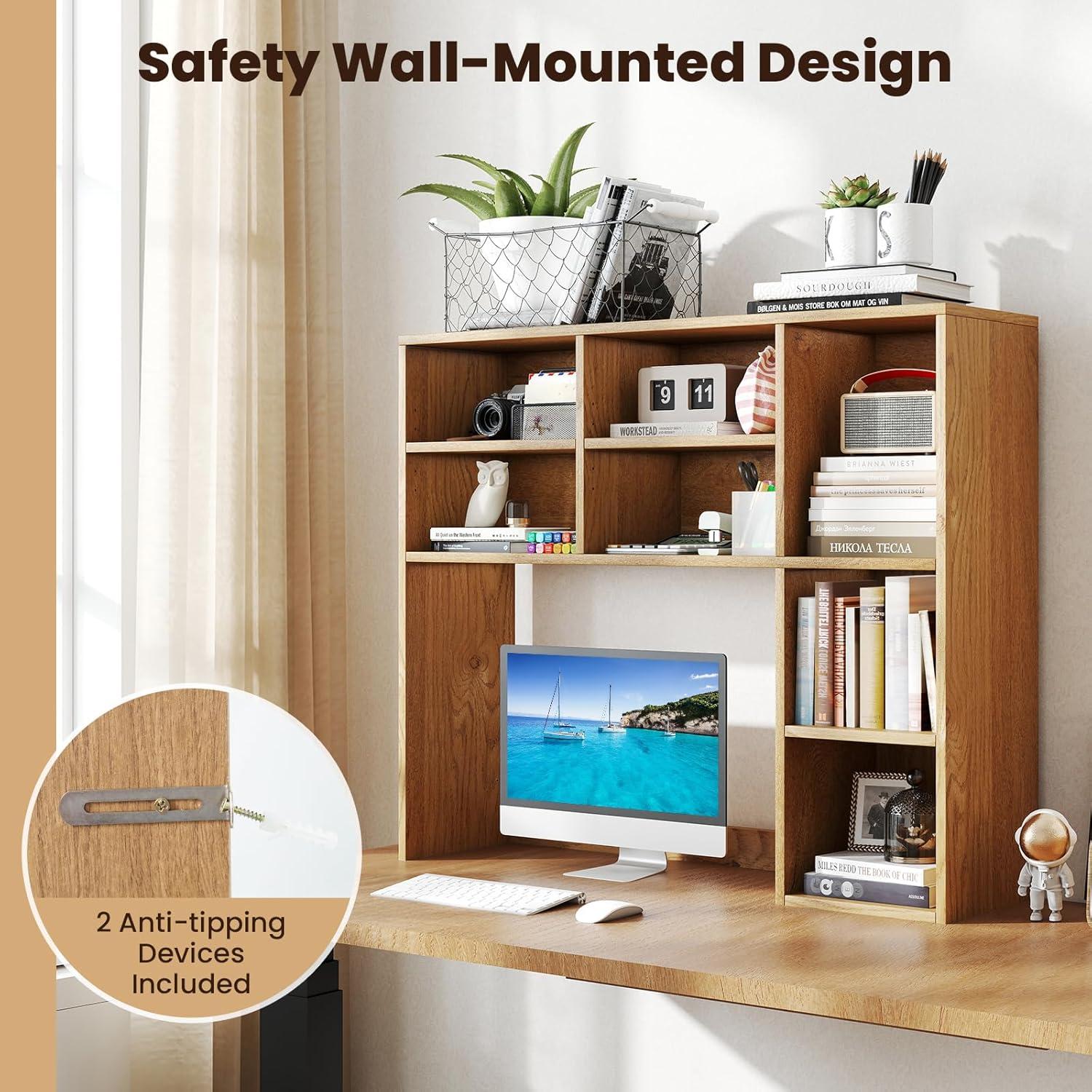 image:imageGiantex Desktop Bookshelf Countertop Storage Hutch with 4 Shelves for Computer Desk Dressing Tabletop Display Rack Multipurpose Desk Hutch Storage Organizer for Home Office Dorm BlackNatural