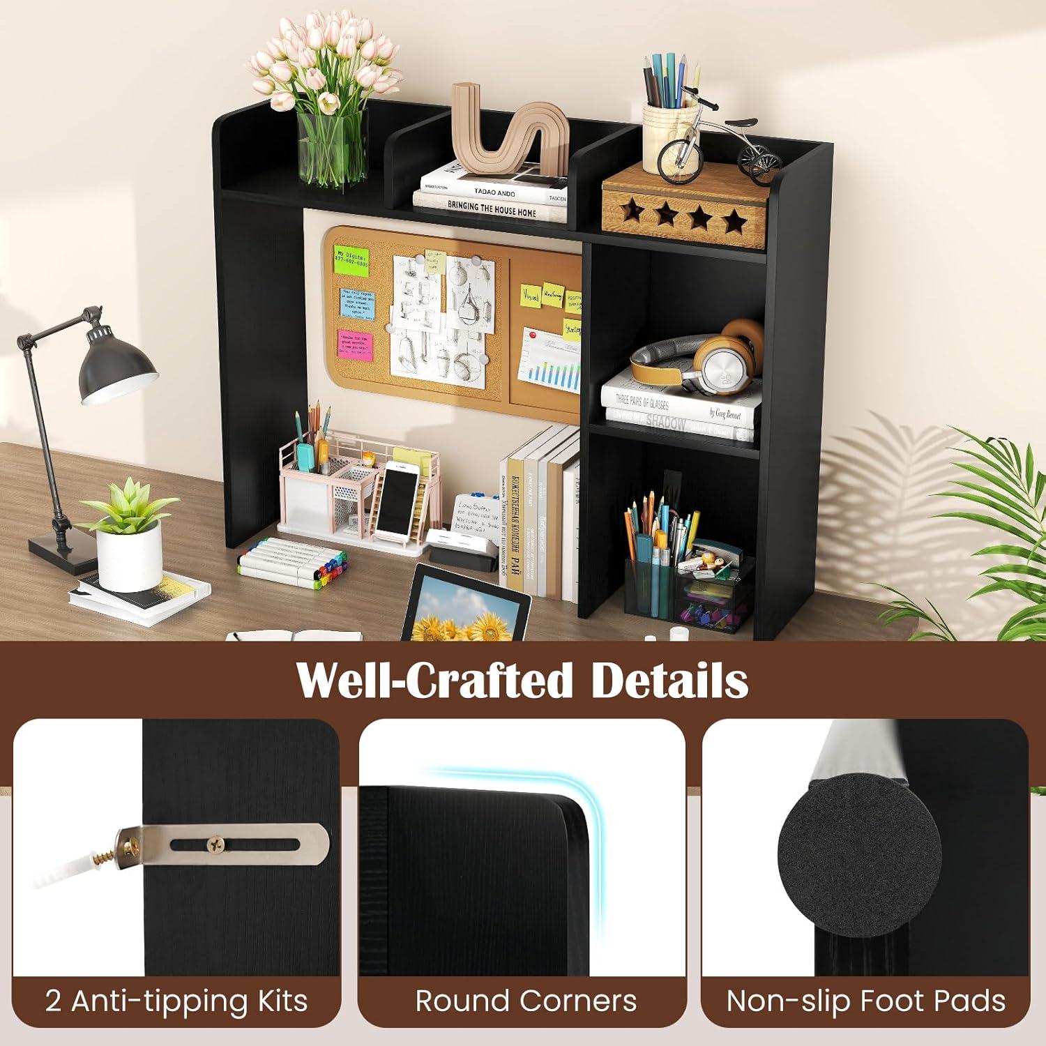 image:imageGiantex Desktop Bookshelf Countertop Storage Hutch with 4 Shelves for Computer Desk Dressing Tabletop Display Rack Multipurpose Desk Hutch Storage Organizer for Home Office Dorm BlackBlack