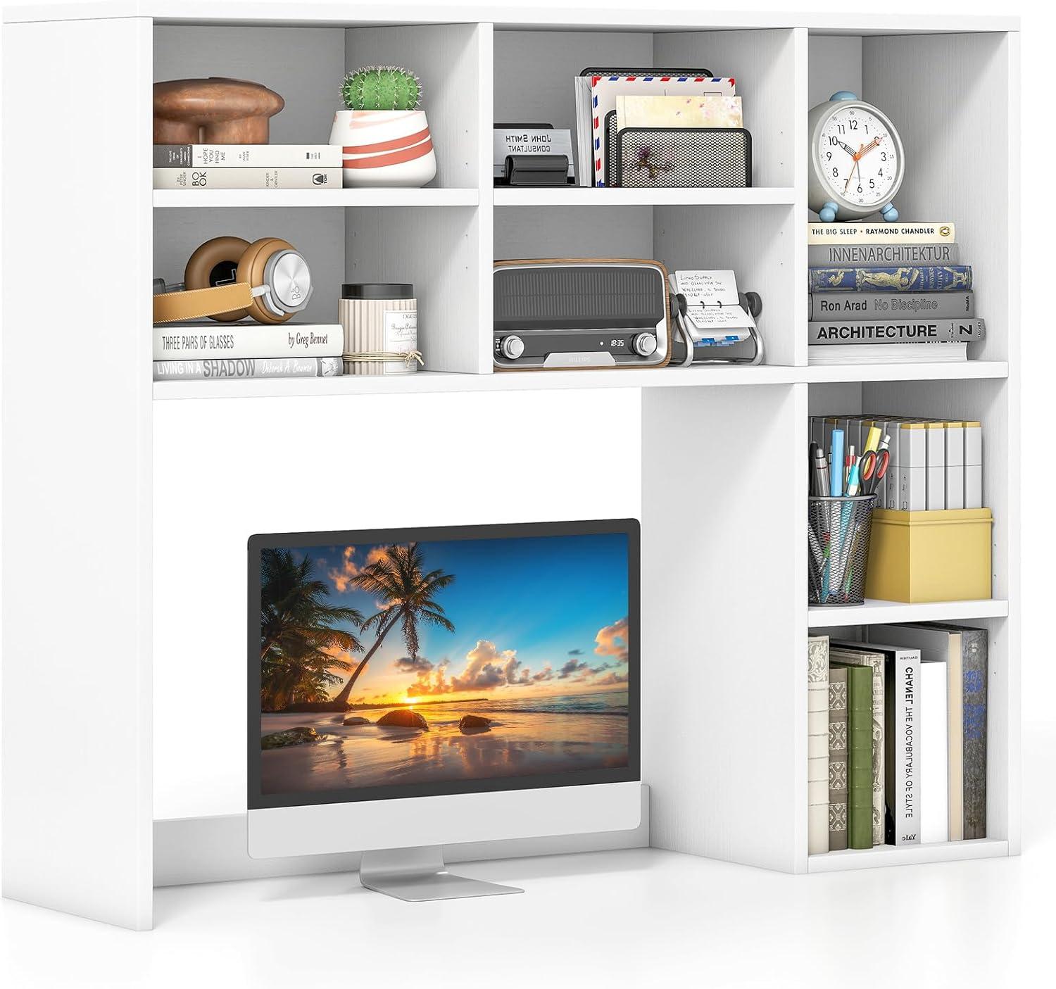 image:imageGiantex Desktop Bookshelf Countertop Storage Hutch with 4 Shelves for Computer Desk Dressing Tabletop Display Rack Multipurpose Desk Hutch Storage Organizer for Home Office Dorm BlackWhite
