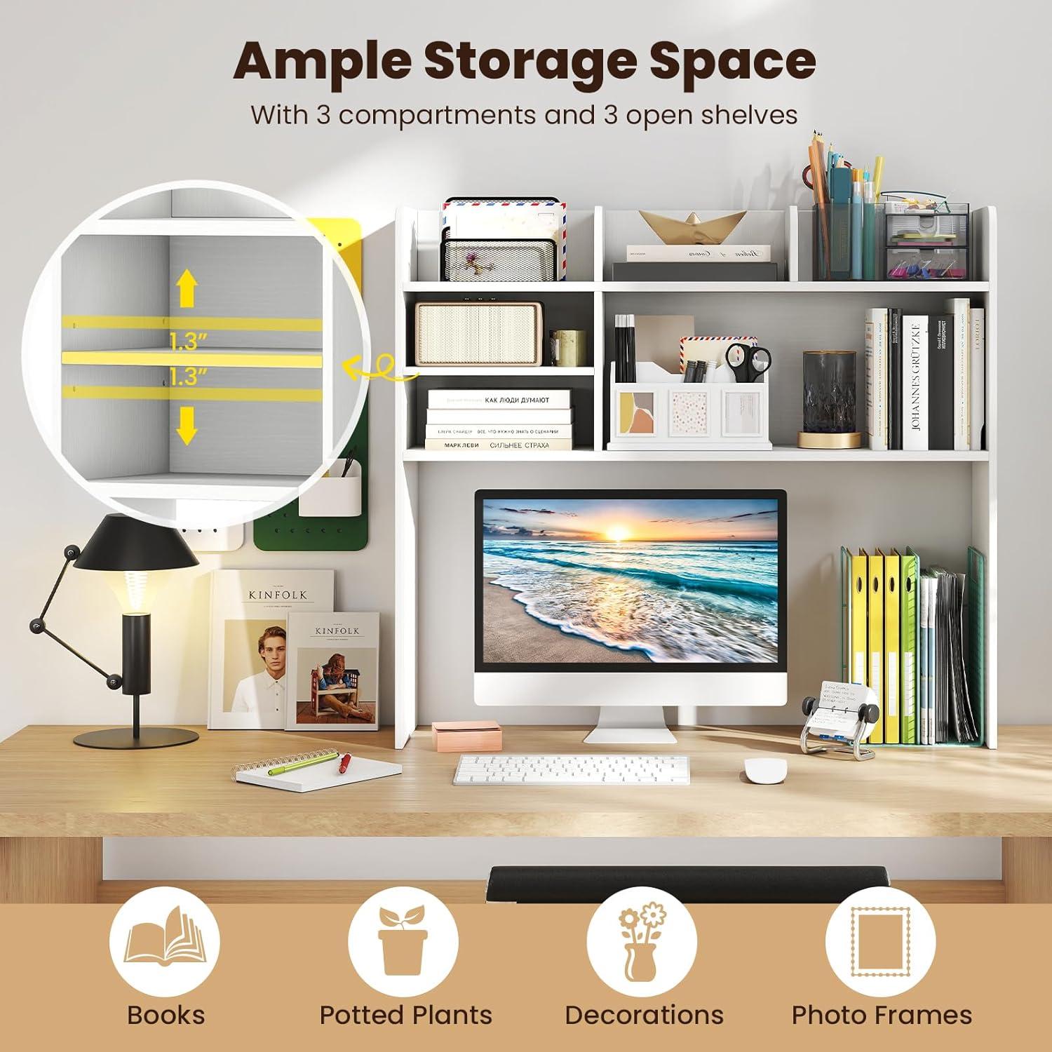 image:imageGiantex Desktop Bookshelf Countertop Storage Hutch with 4 Shelves for Computer Desk Dressing Tabletop Display Rack Multipurpose Desk Hutch Storage Organizer for Home Office Dorm BlackWhite