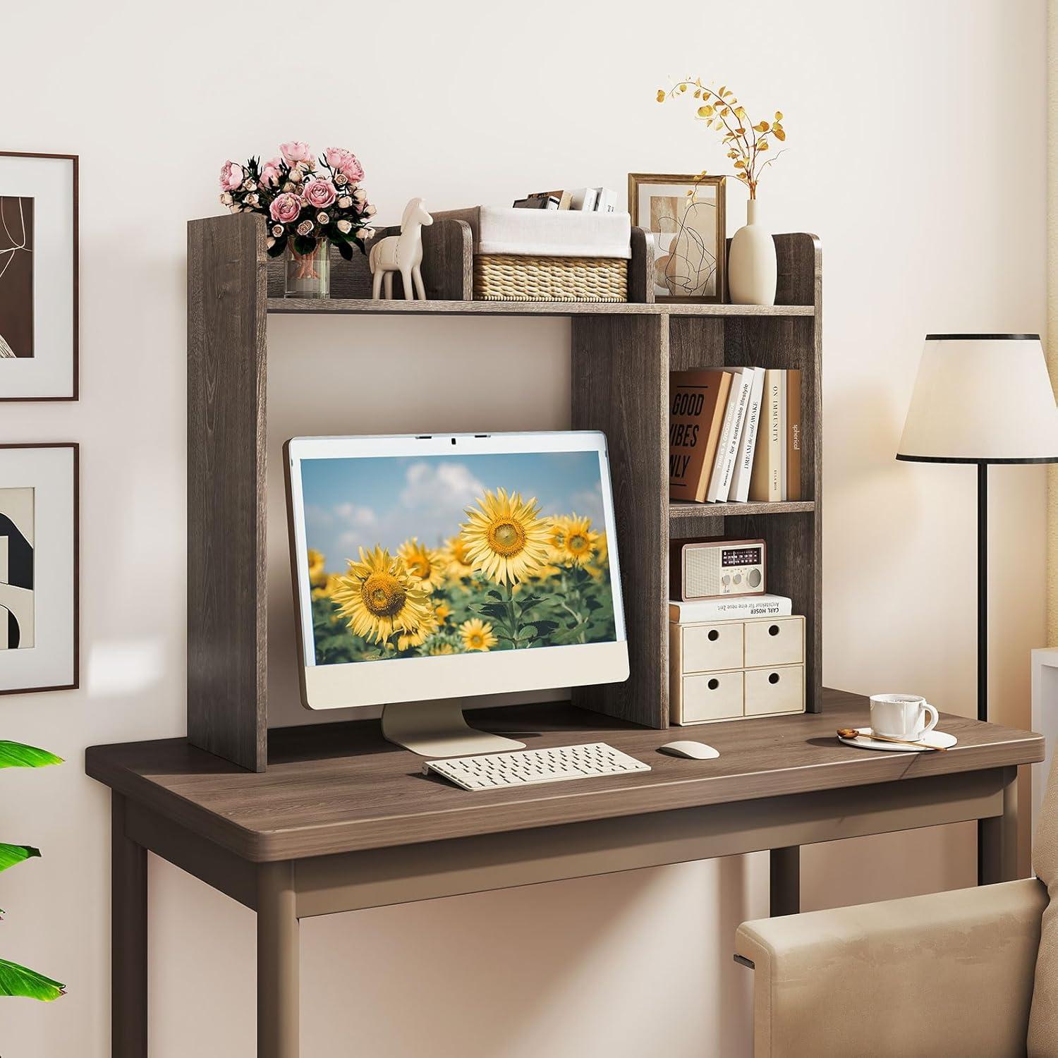 image:imageGiantex Desktop Bookshelf Countertop Storage Hutch with 4 Shelves for Computer Desk Dressing Tabletop Display Rack Multipurpose Desk Hutch Storage Organizer for Home Office Dorm BlackGrey Oak