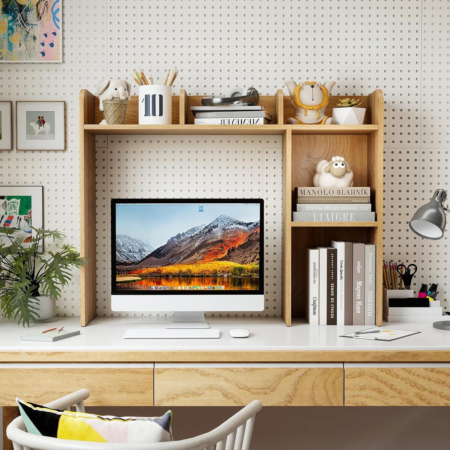 image:imageGiantex Desktop Bookshelf Countertop Storage Hutch with 4 Shelves for Computer Desk Dressing Tabletop Display Rack Multipurpose Desk Hutch Storage Organizer for Home Office Dorm BlackNatural