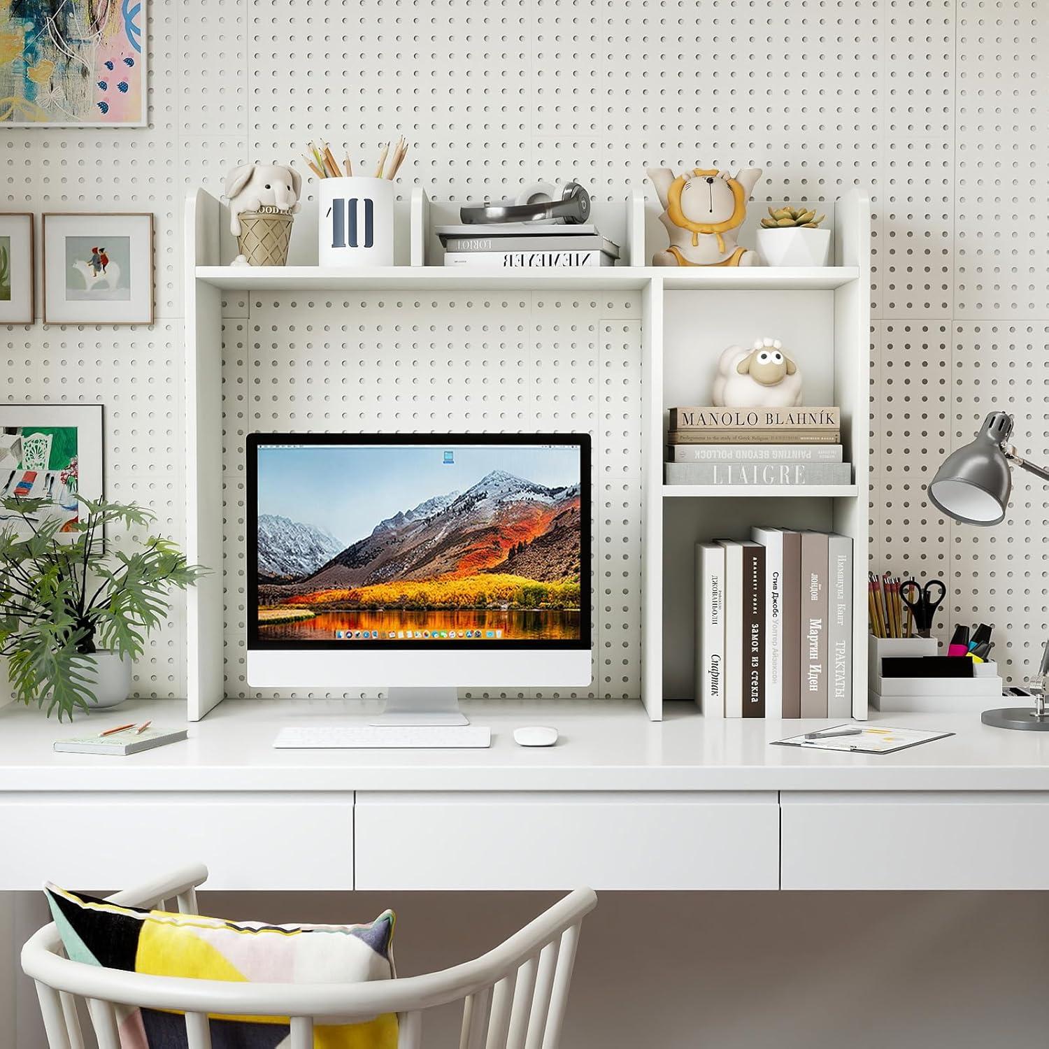 image:imageGiantex Desktop Bookshelf Countertop Storage Hutch with 4 Shelves for Computer Desk Dressing Tabletop Display Rack Multipurpose Desk Hutch Storage Organizer for Home Office Dorm BlackWhite