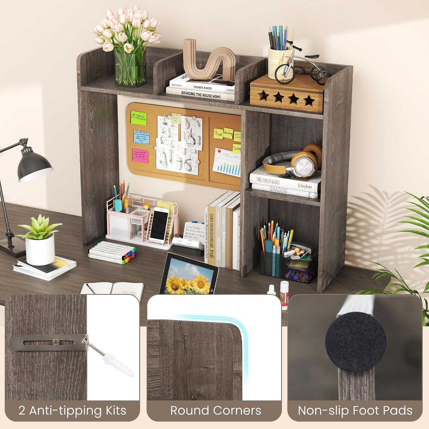 image:imageGiantex Desktop Bookshelf Countertop Storage Hutch with 4 Shelves for Computer Desk Dressing Tabletop Display Rack Multipurpose Desk Hutch Storage Organizer for Home Office Dorm BlackGrey Oak