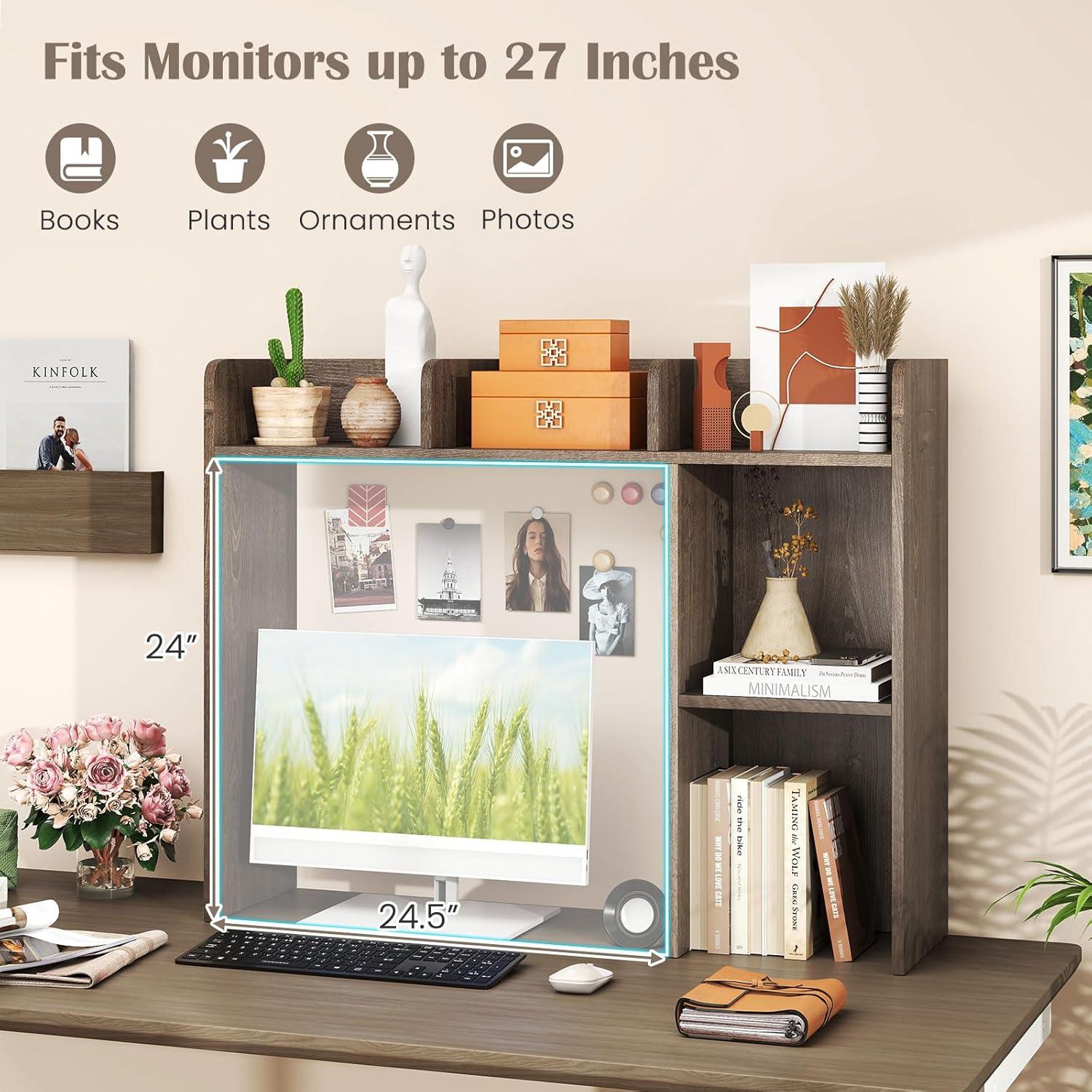 image:imageGiantex Desktop Bookshelf Countertop Storage Hutch with 4 Shelves for Computer Desk Dressing Tabletop Display Rack Multipurpose Desk Hutch Storage Organizer for Home Office Dorm BlackGrey Oak