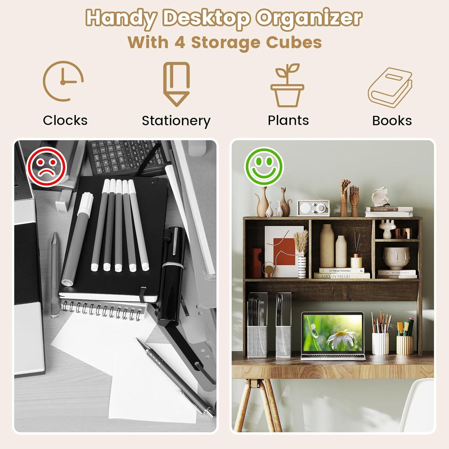 image:imageGiantex Desktop Bookshelf Countertop Storage Hutch with 4 Shelves for Computer Desk Dressing Tabletop Display Rack Multipurpose Desk Hutch Storage Organizer for Home Office Dorm BlackGrey Oak
