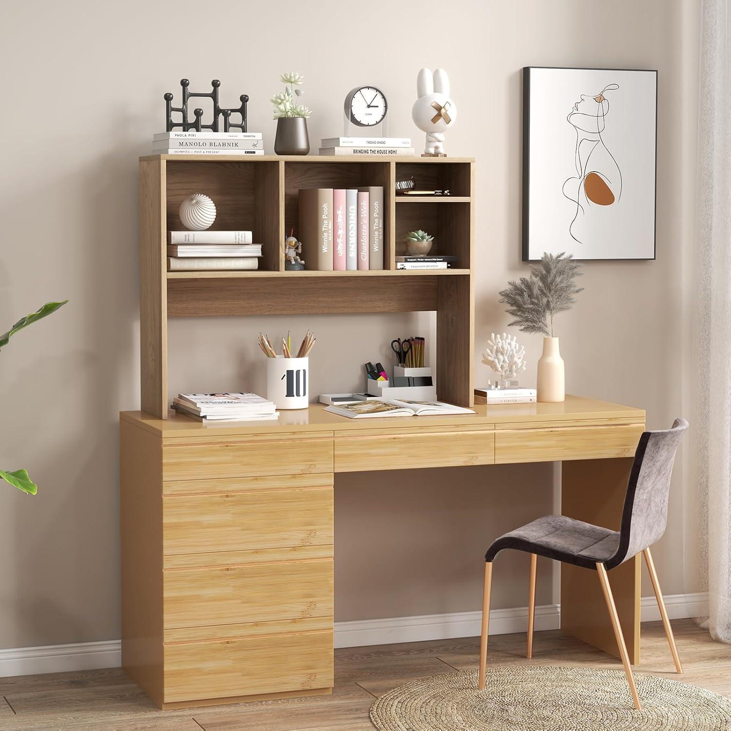 image:imageGiantex Desktop Bookshelf Countertop Storage Hutch with 4 Shelves for Computer Desk Dressing Tabletop Display Rack Multipurpose Desk Hutch Storage Organizer for Home Office Dorm BlackNatural