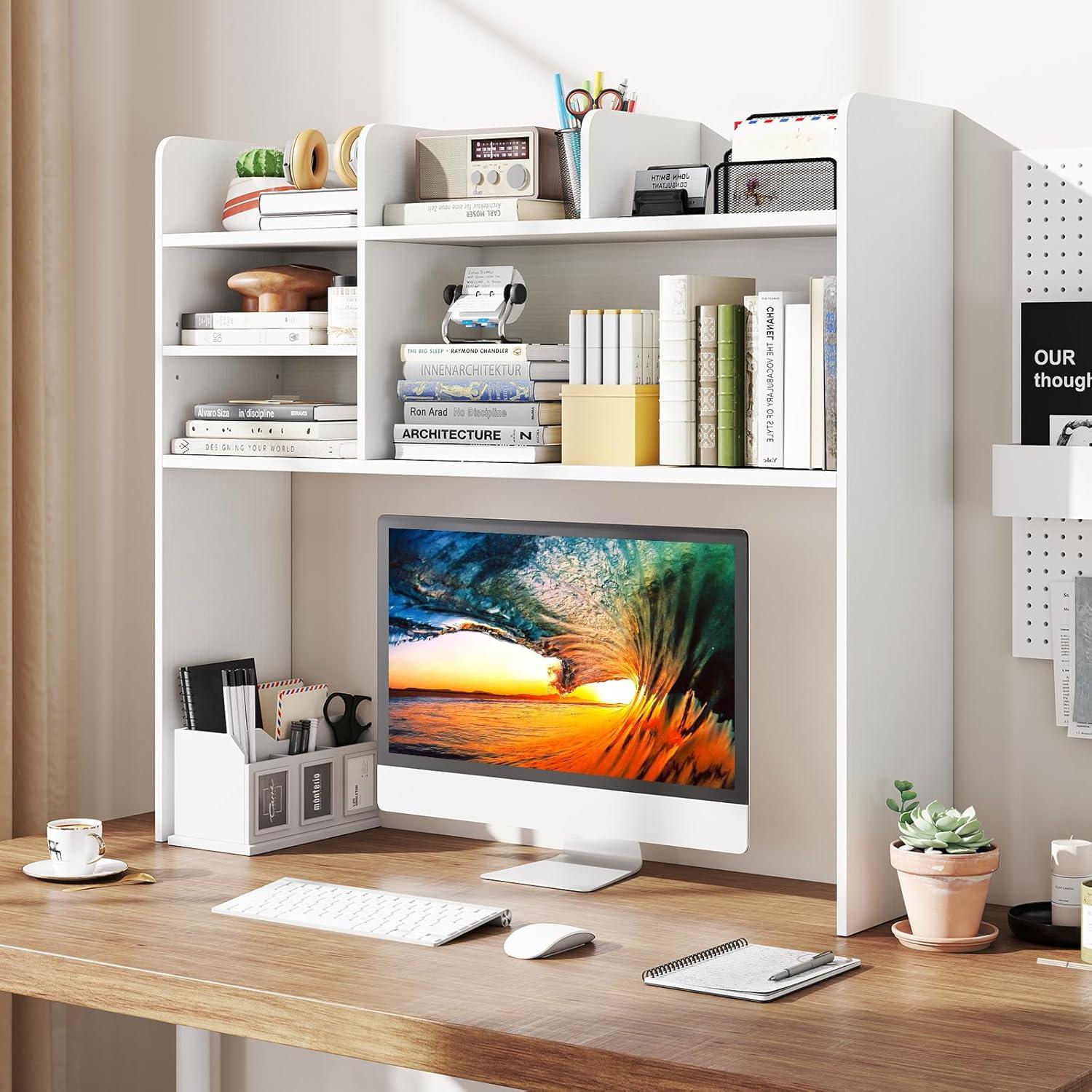 image:imageGiantex Desktop Bookshelf Countertop Storage Hutch with 4 Shelves for Computer Desk Dressing Tabletop Display Rack Multipurpose Desk Hutch Storage Organizer for Home Office Dorm BlackWhite