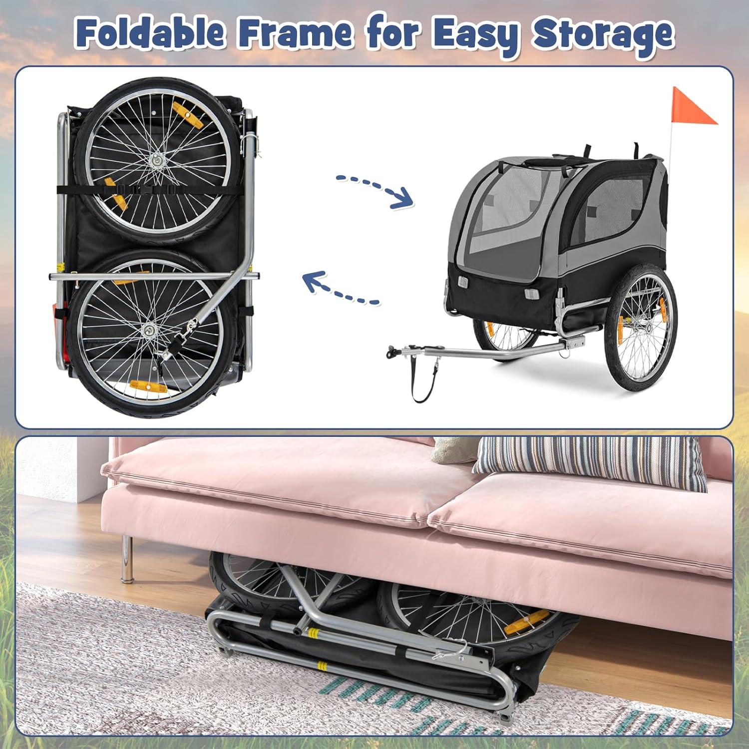 image:imageGiantex Dog Bike Trailer Pet Stroller Small Medium Dog Bicycle Trailer Carrier Wagon 20 Large Wheels 3 Doors 2 Windows 8 Reflectors Folding Metal Frame Supports up to 88 lbsGray