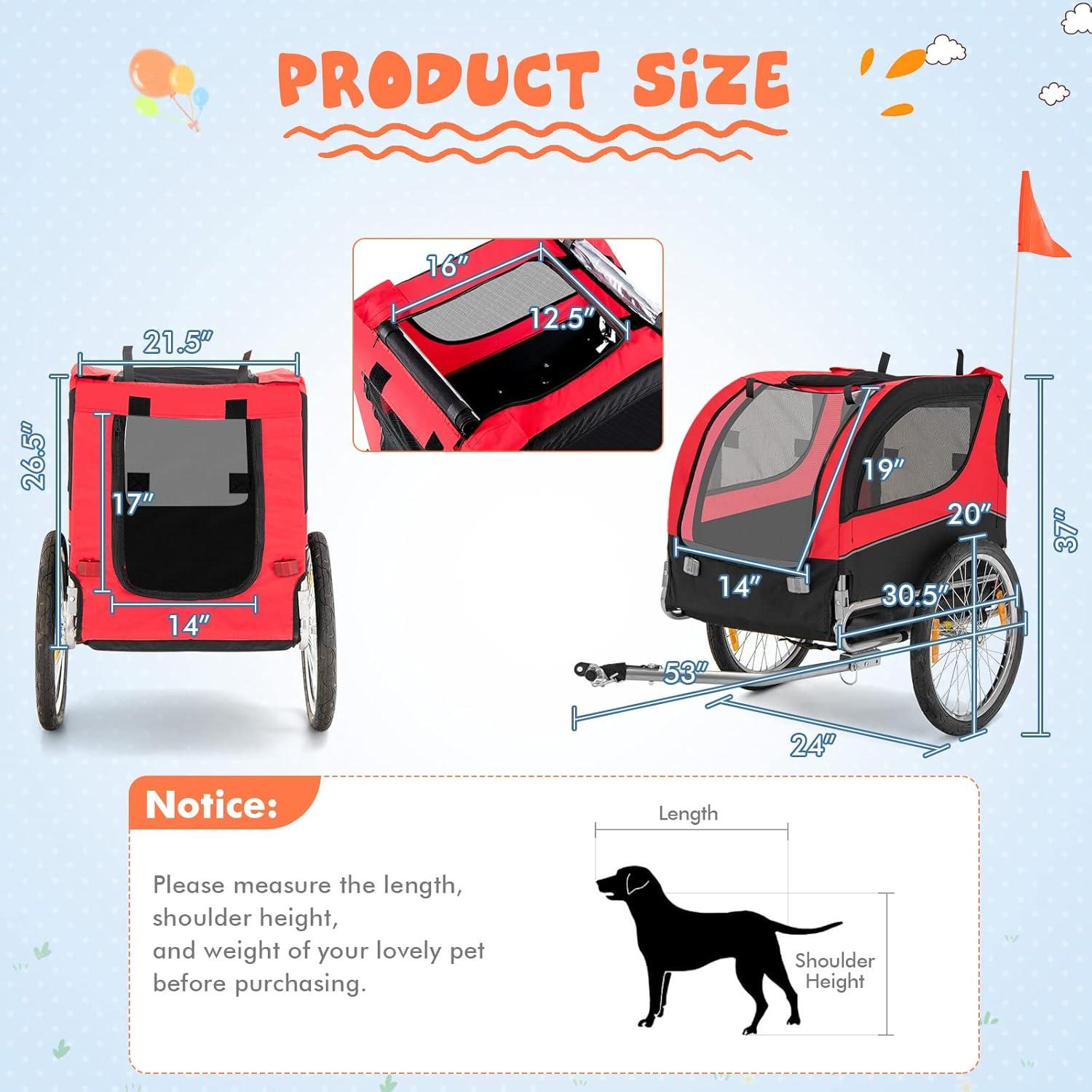 image:imageGiantex Dog Bike Trailer Pet Stroller Small Medium Dog Bicycle Trailer Carrier Wagon 20 Large Wheels 3 Doors 2 Windows 8 Reflectors Folding Metal Frame Supports up to 88 lbsRed