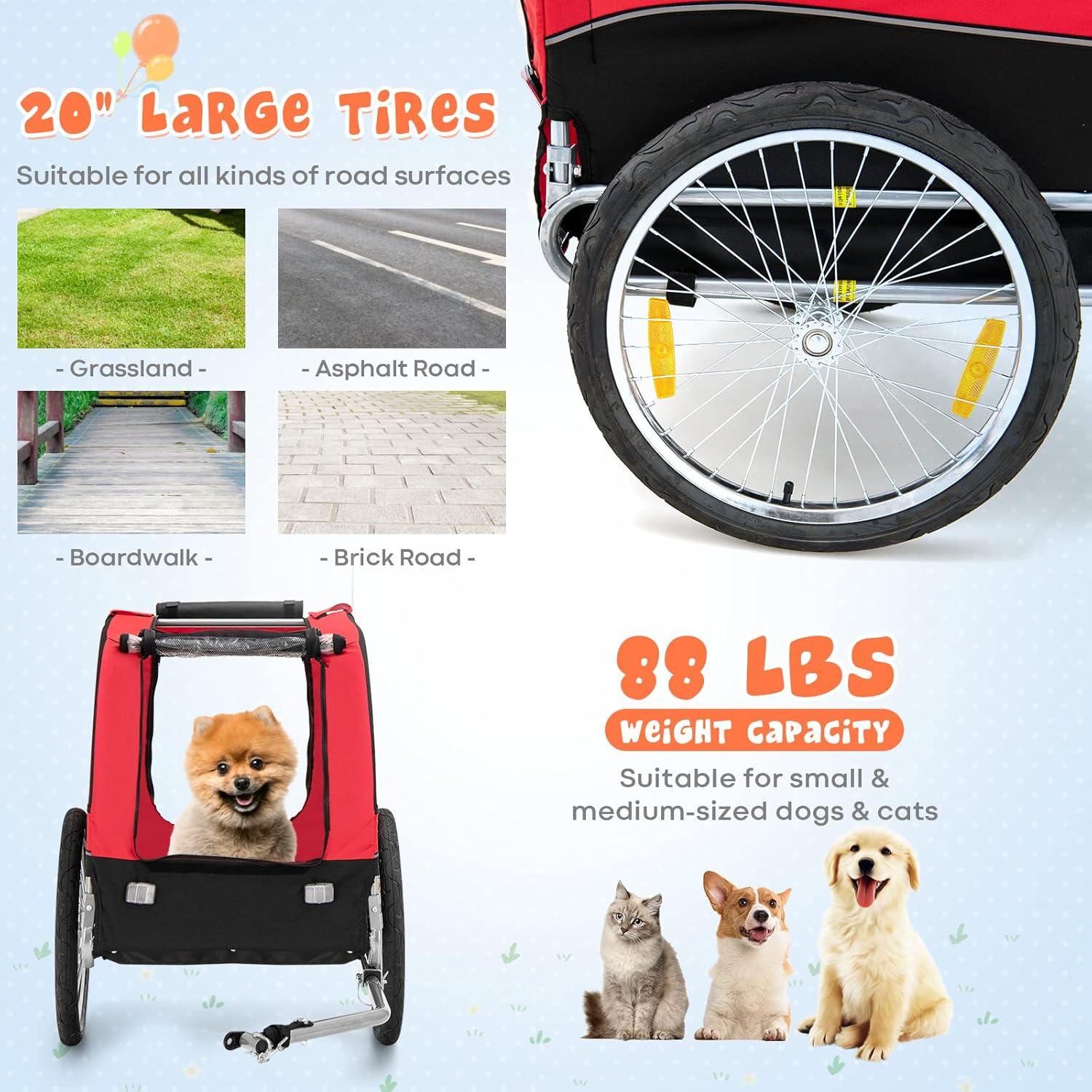image:imageGiantex Dog Bike Trailer Pet Stroller Small Medium Dog Bicycle Trailer Carrier Wagon 20 Large Wheels 3 Doors 2 Windows 8 Reflectors Folding Metal Frame Supports up to 88 lbsRed