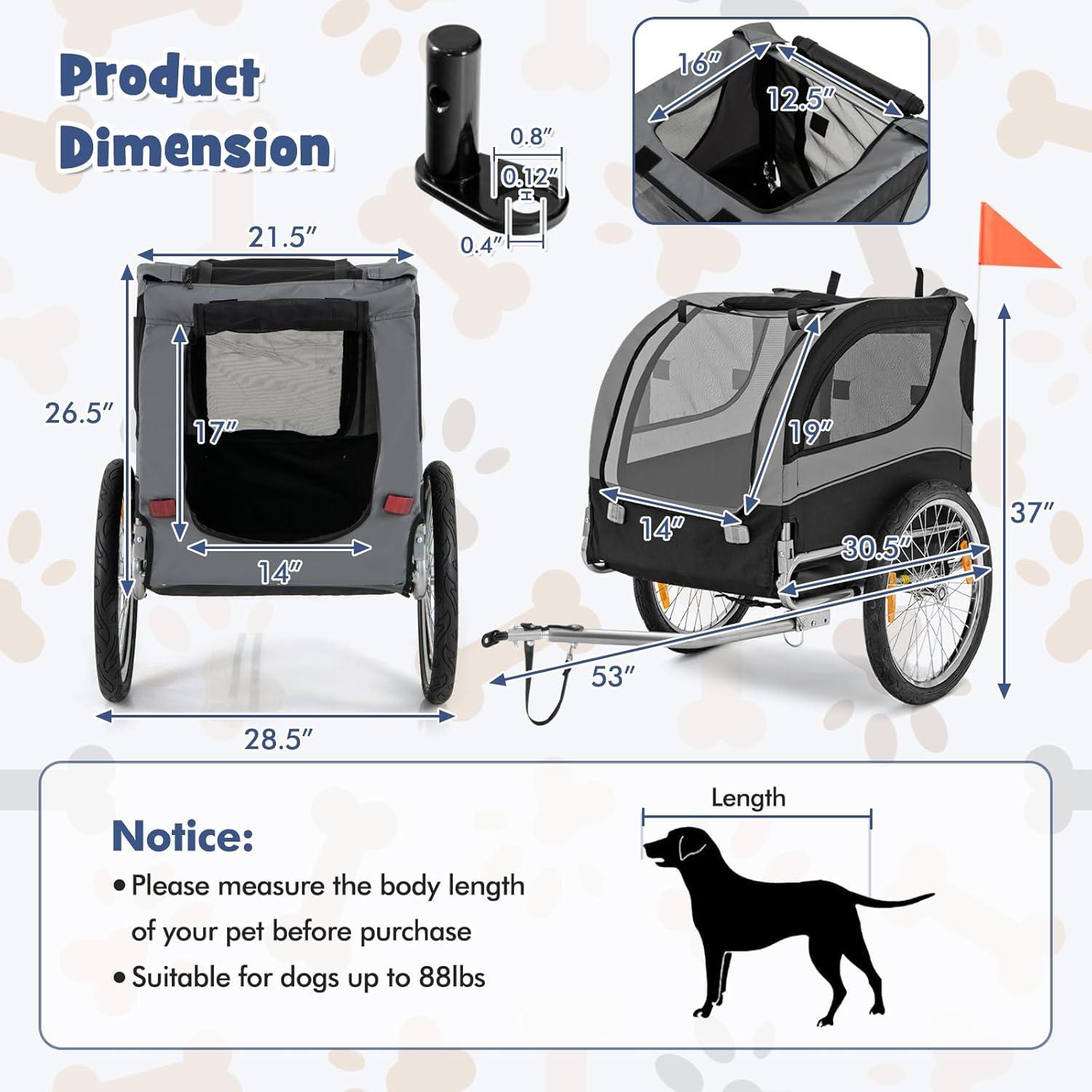 image:imageGiantex Dog Bike Trailer Pet Stroller Small Medium Dog Bicycle Trailer Carrier Wagon 20 Large Wheels 3 Doors 2 Windows 8 Reflectors Folding Metal Frame Supports up to 88 lbsGray