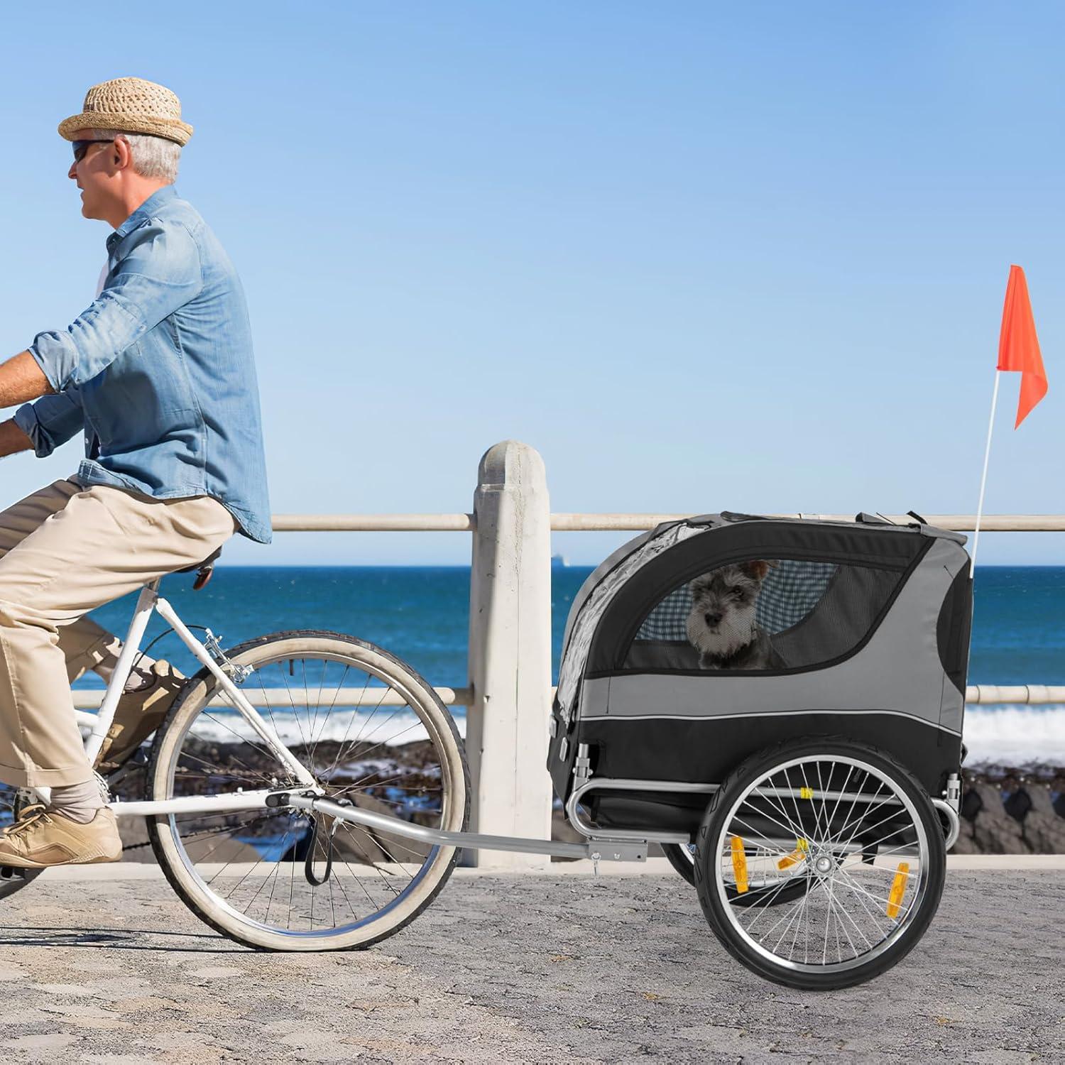 image:imageGiantex Dog Bike Trailer Pet Stroller Small Medium Dog Bicycle Trailer Carrier Wagon 20 Large Wheels 3 Doors 2 Windows 8 Reflectors Folding Metal Frame Supports up to 88 lbsGray