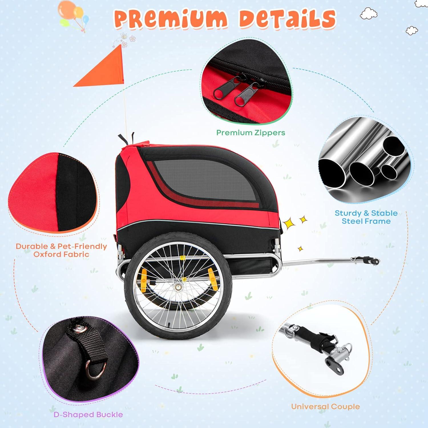 image:imageGiantex Dog Bike Trailer Pet Stroller Small Medium Dog Bicycle Trailer Carrier Wagon 20 Large Wheels 3 Doors 2 Windows 8 Reflectors Folding Metal Frame Supports up to 88 lbsRed