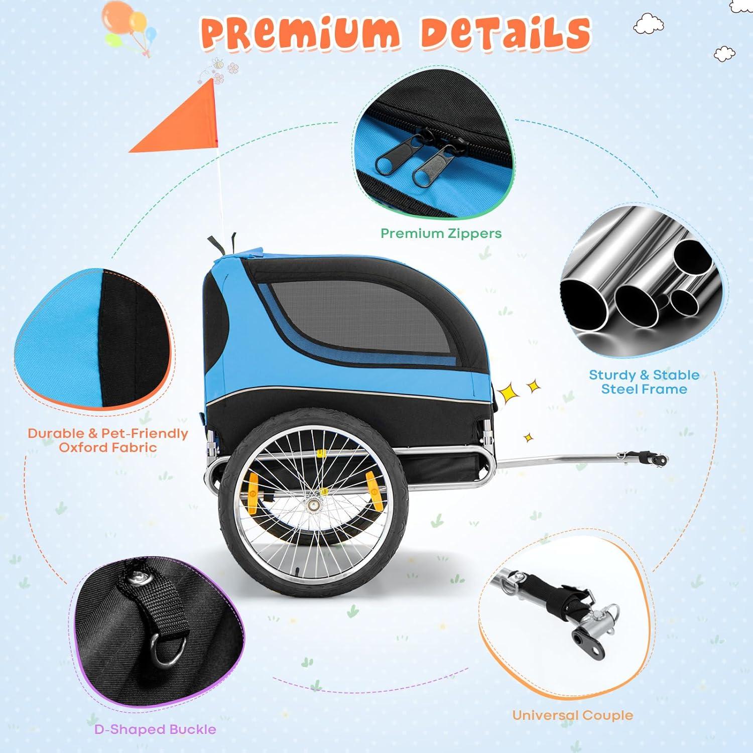 image:imageGiantex Dog Bike Trailer Pet Stroller Small Medium Dog Bicycle Trailer Carrier Wagon 20 Large Wheels 3 Doors 2 Windows 8 Reflectors Folding Metal Frame Supports up to 88 lbsBlue