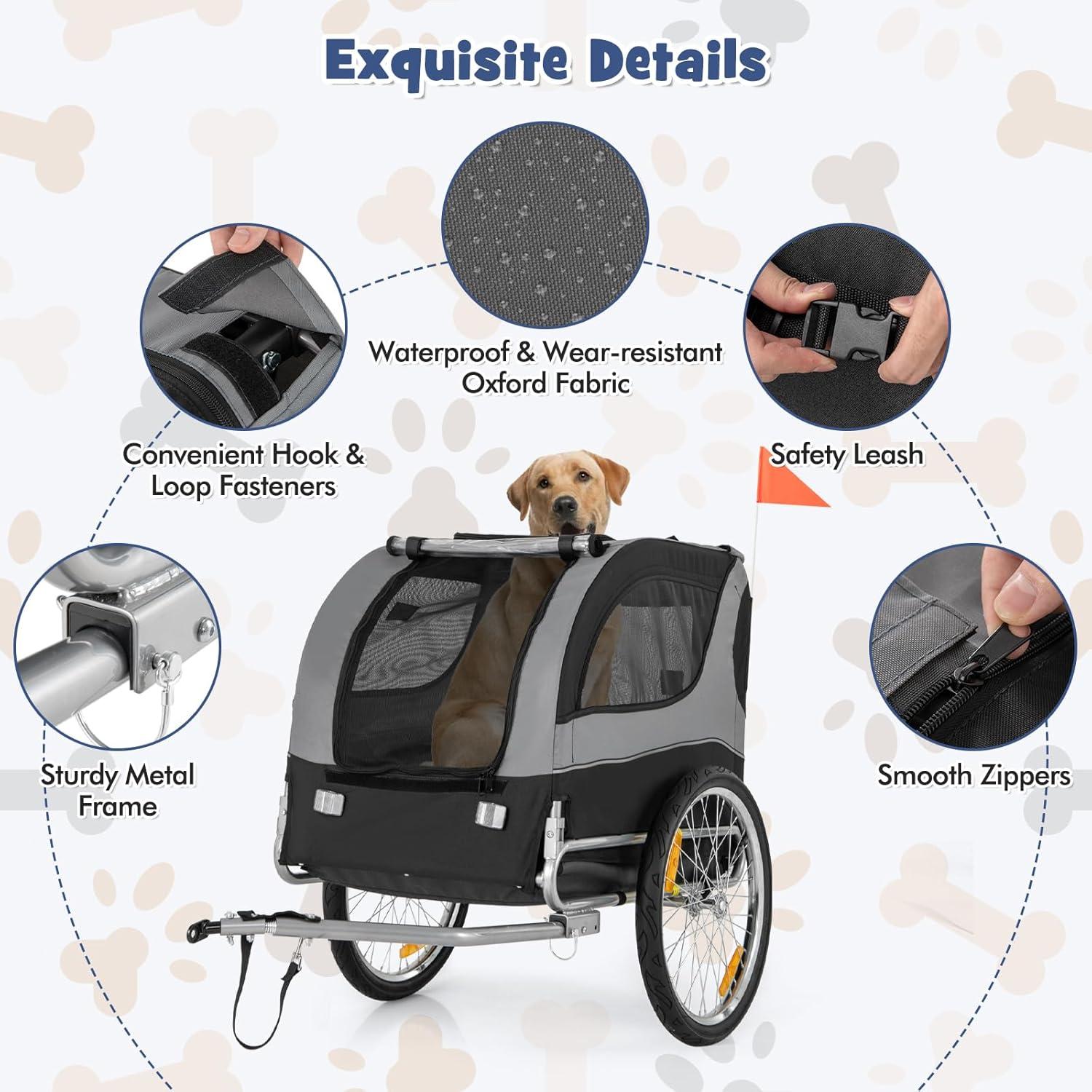 image:imageGiantex Dog Bike Trailer Pet Stroller Small Medium Dog Bicycle Trailer Carrier Wagon 20 Large Wheels 3 Doors 2 Windows 8 Reflectors Folding Metal Frame Supports up to 88 lbsGray