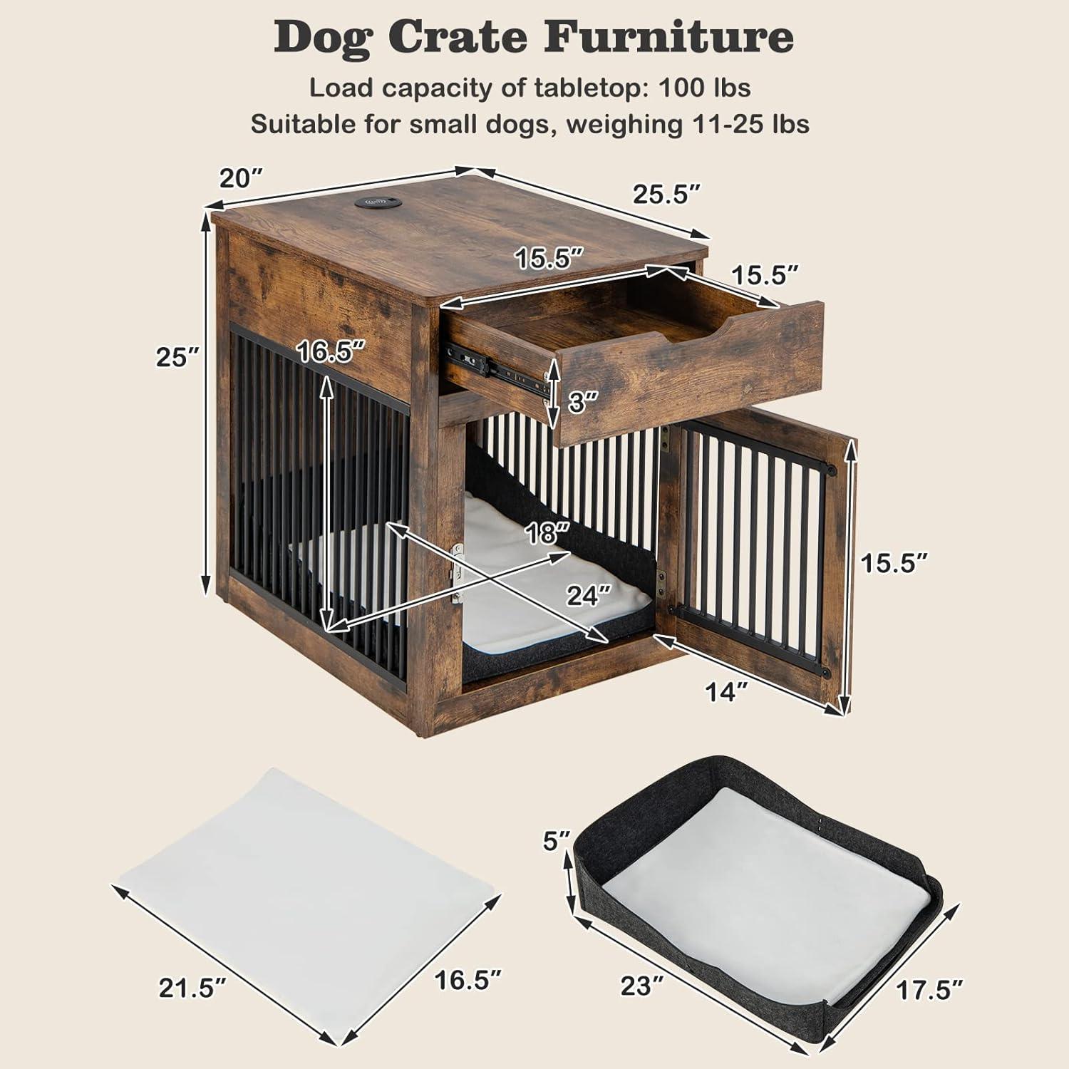 image:imageGiantex Dog Crate Furniture Dog Kennel End Table with ChewProof Metal Fence Lockable Door Storage Drawer Wired and Wireless Charging Wooden Pet Cage Side Table Indoor Rustic BrownRustic Brown