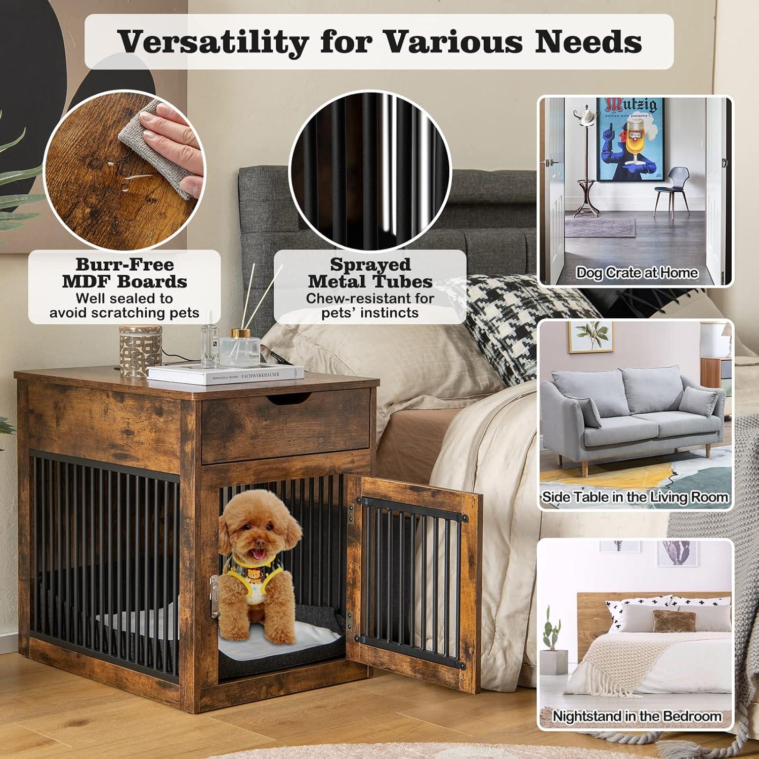 image:imageGiantex Dog Crate Furniture Dog Kennel End Table with ChewProof Metal Fence Lockable Door Storage Drawer Wired and Wireless Charging Wooden Pet Cage Side Table Indoor Rustic BrownRustic Brown