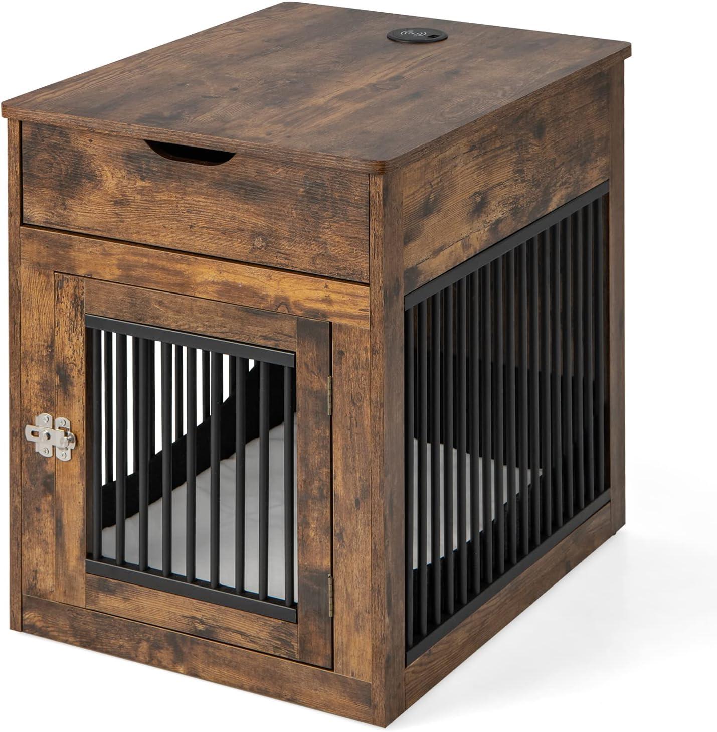 image:imageGiantex Dog Crate Furniture Dog Kennel End Table with ChewProof Metal Fence Lockable Door Storage Drawer Wired and Wireless Charging Wooden Pet Cage Side Table Indoor Rustic BrownRustic Brown