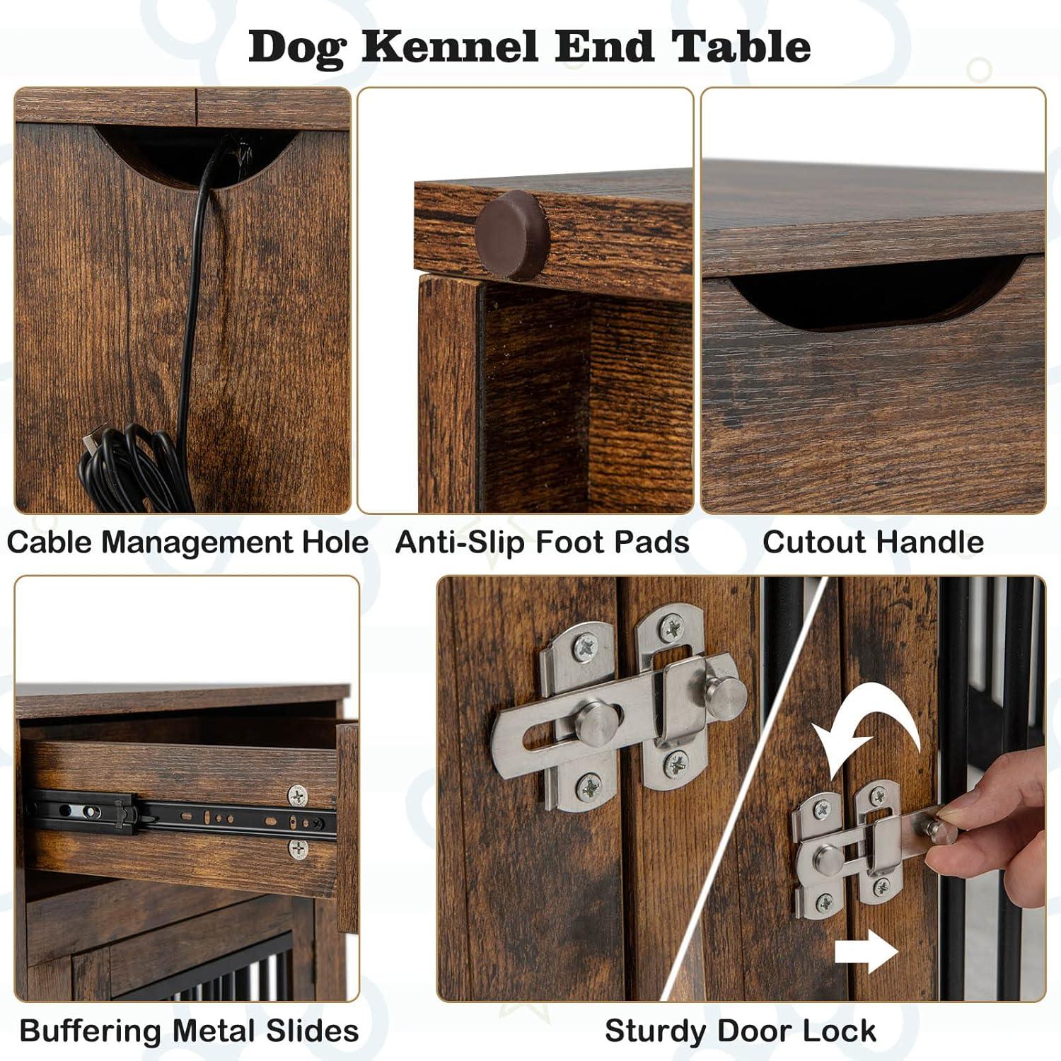 image:imageGiantex Dog Crate Furniture Dog Kennel End Table with ChewProof Metal Fence Lockable Door Storage Drawer Wired and Wireless Charging Wooden Pet Cage Side Table Indoor Rustic BrownRustic Brown