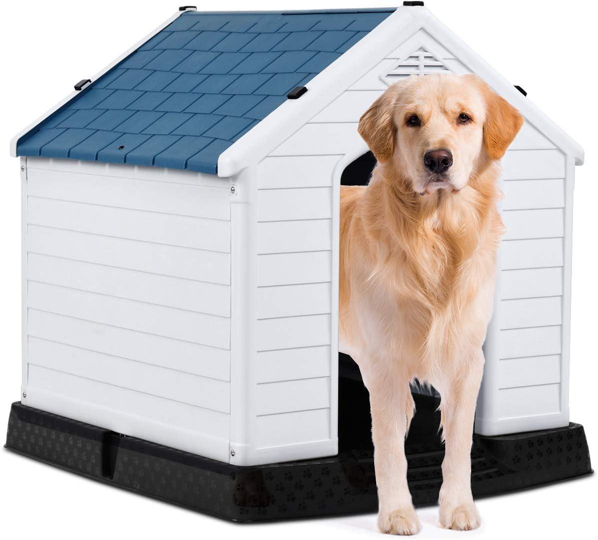 image:imageGiantex Dog House for Small Dogs Waterproof Plastic Dog Houses with Air Vents and Elevated Floor Easy to Assemble Outdoor Cat Feeding Station Indoor Patio Backyard Dog Kennel HouseBlue White