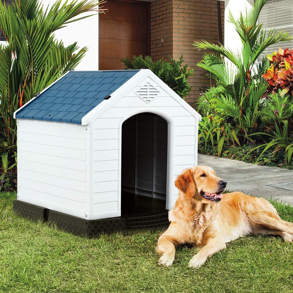 image:imageGiantex Dog House for Small Dogs Waterproof Plastic Dog Houses with Air Vents and Elevated Floor Easy to Assemble Outdoor Cat Feeding Station Indoor Patio Backyard Dog Kennel HouseBlue White