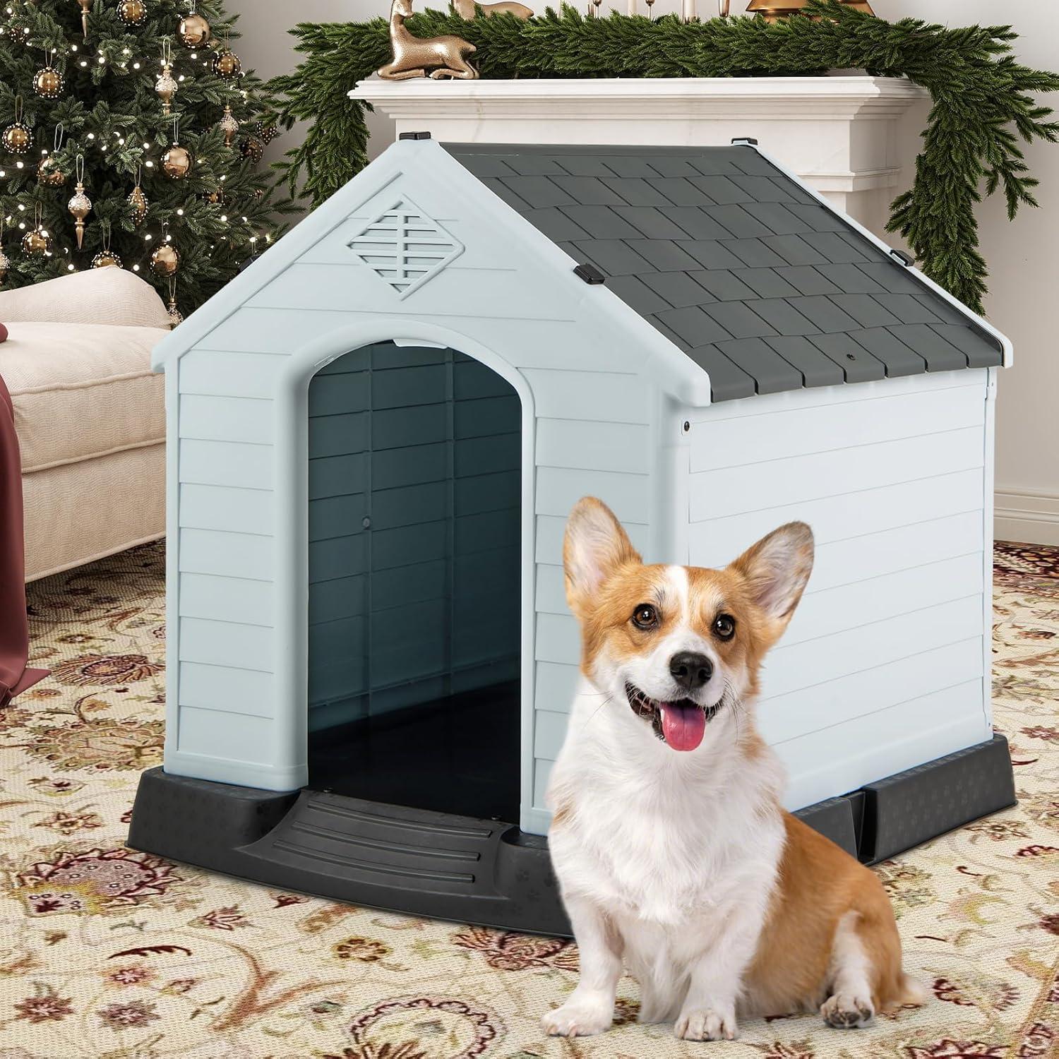 image:imageGiantex Dog House for Small Dogs Waterproof Plastic Dog Houses with Air Vents and Elevated Floor Easy to Assemble Outdoor Cat Feeding Station Indoor Patio Backyard Dog Kennel HouseGray