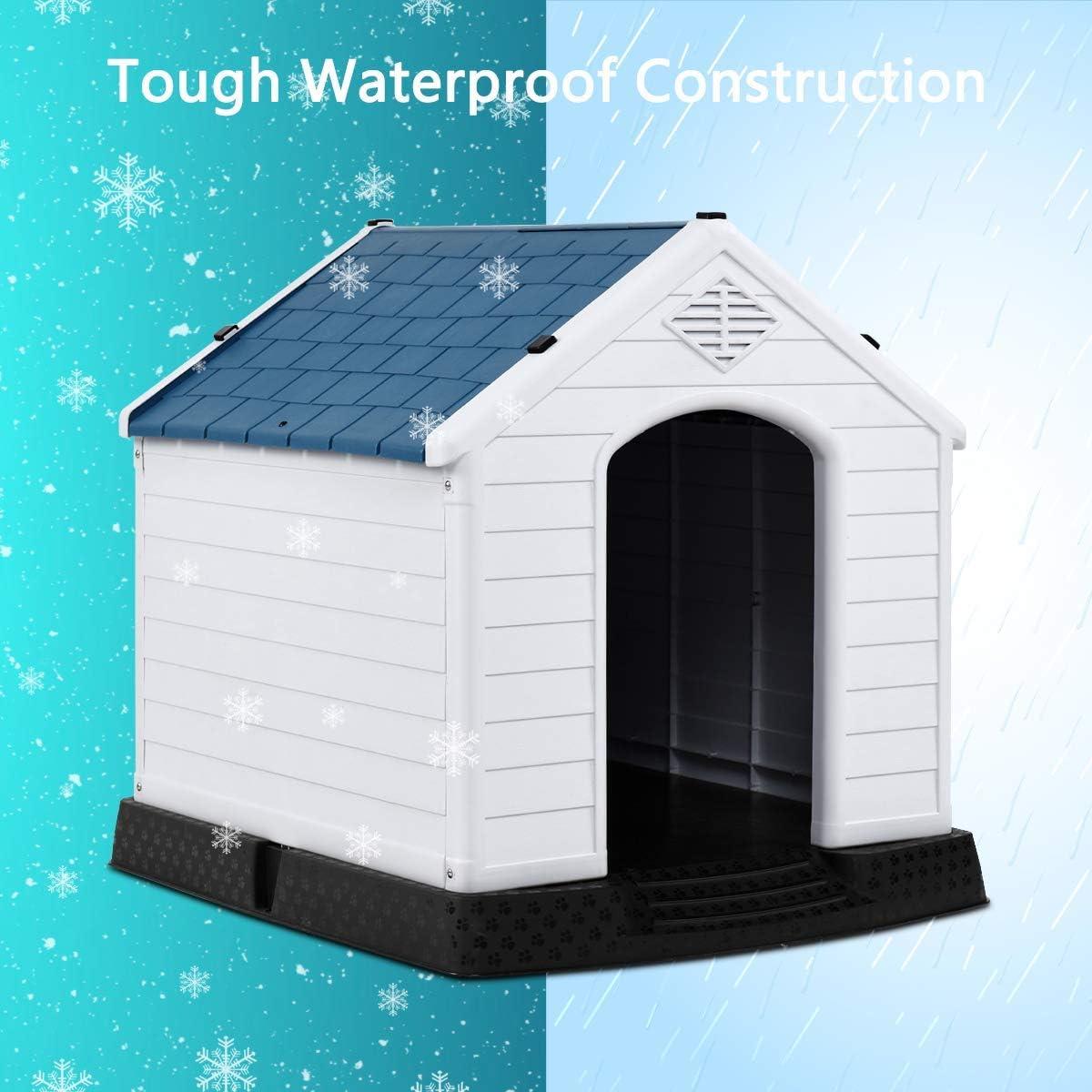 image:imageGiantex Dog House for Small Dogs Waterproof Plastic Dog Houses with Air Vents and Elevated Floor Easy to Assemble Outdoor Cat Feeding Station Indoor Patio Backyard Dog Kennel HouseBlue White