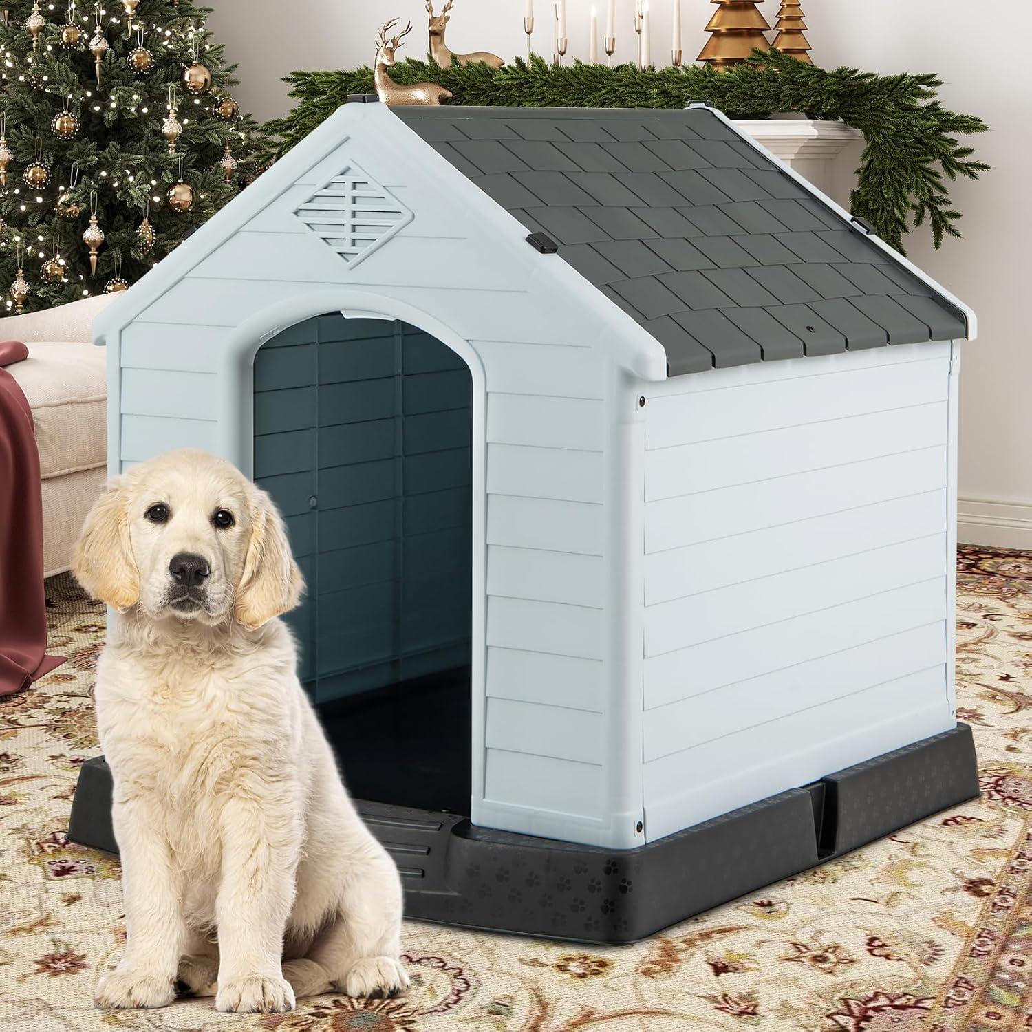 image:imageGiantex Dog House for Small Dogs Waterproof Plastic Dog Houses with Air Vents and Elevated Floor Easy to Assemble Outdoor Cat Feeding Station Indoor Patio Backyard Dog Kennel HouseGray