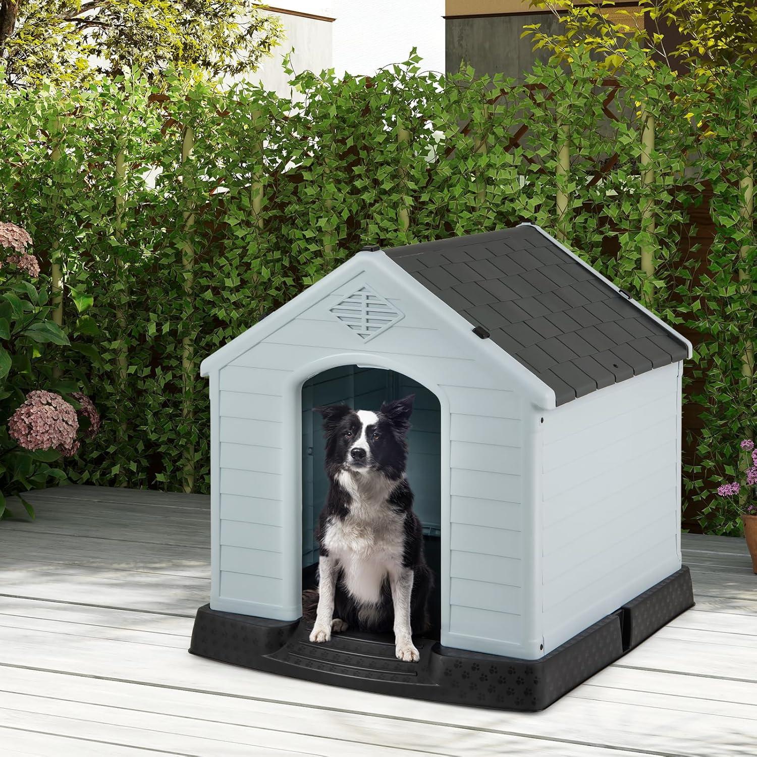 image:imageGiantex Dog House for Small Dogs Waterproof Plastic Dog Houses with Air Vents and Elevated Floor Easy to Assemble Outdoor Cat Feeding Station Indoor Patio Backyard Dog Kennel HouseGray