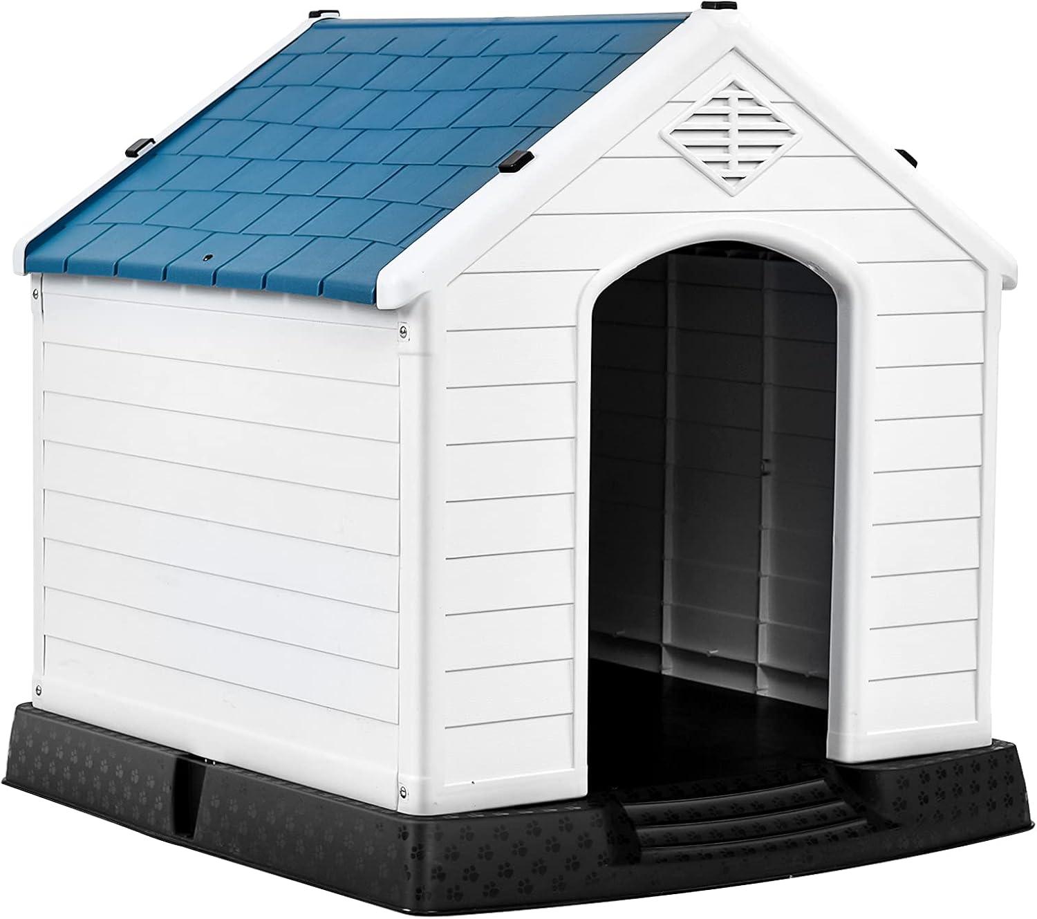 image:imageGiantex Dog House for Small Dogs Waterproof Plastic Dog Houses with Air Vents and Elevated Floor Easy to Assemble Outdoor Cat Feeding Station Indoor Patio Backyard Dog Kennel HouseBlue White
