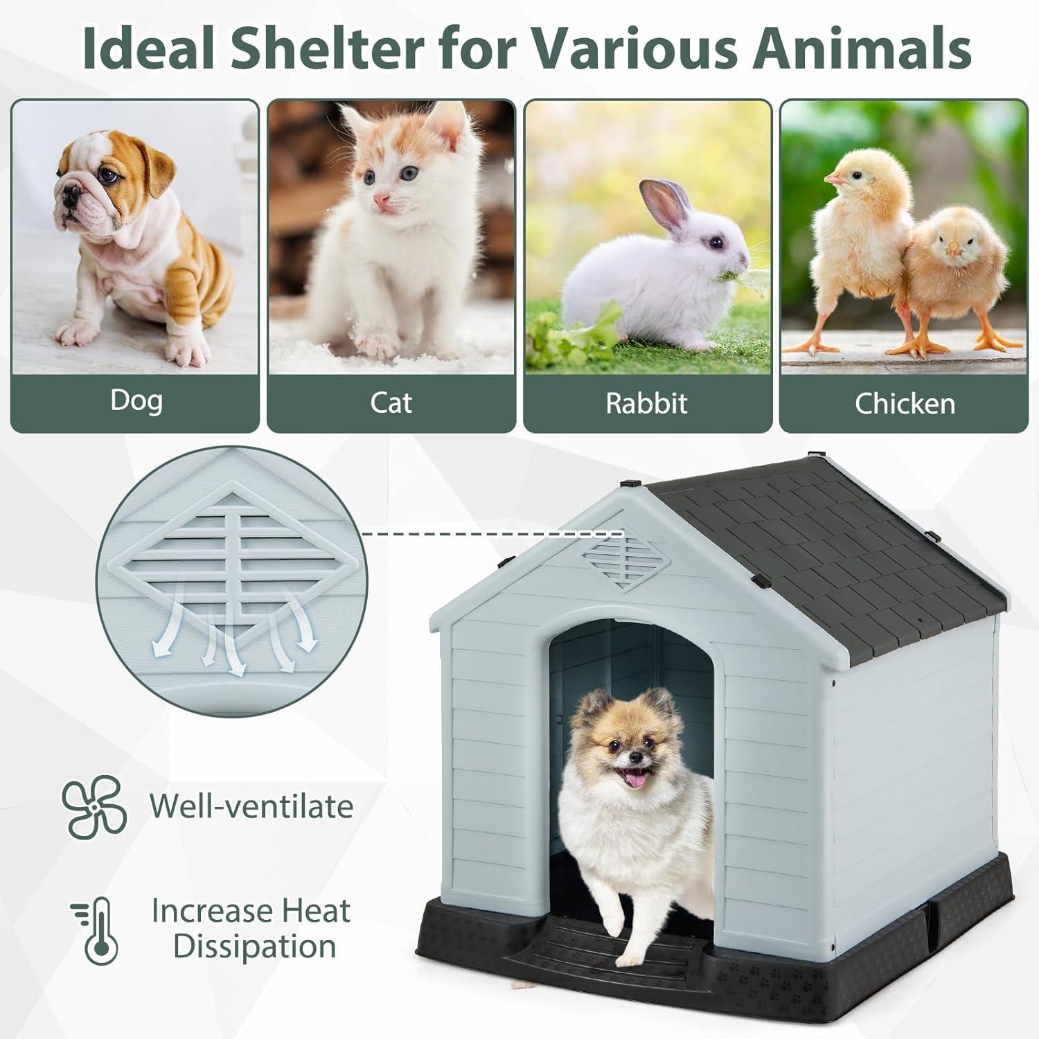 image:imageGiantex Dog House for Small Dogs Waterproof Plastic Dog Houses with Air Vents and Elevated Floor Easy to Assemble Outdoor Cat Feeding Station Indoor Patio Backyard Dog Kennel HouseGray