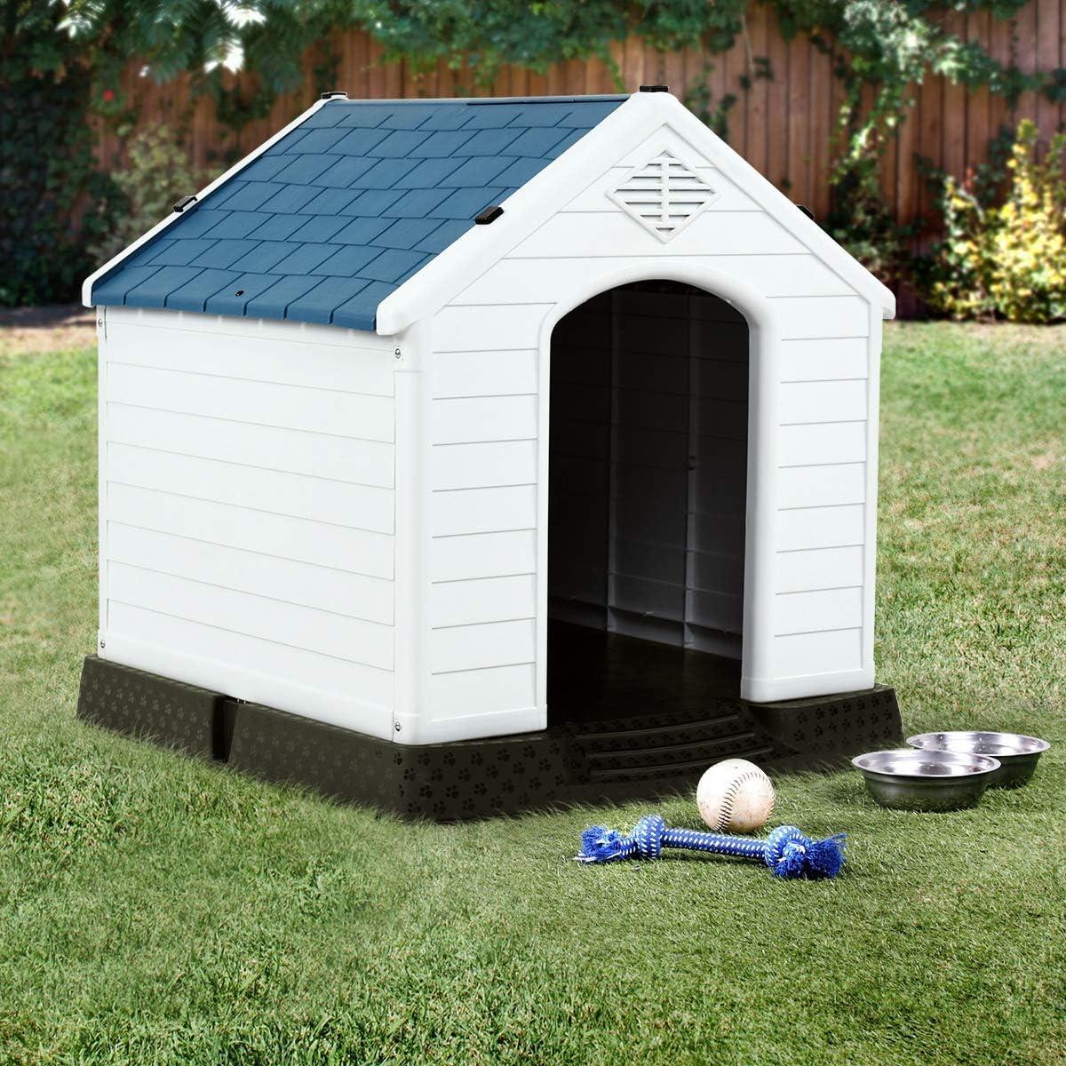 image:imageGiantex Dog House for Small Dogs Waterproof Plastic Dog Houses with Air Vents and Elevated Floor Easy to Assemble Outdoor Cat Feeding Station Indoor Patio Backyard Dog Kennel HouseBlue White
