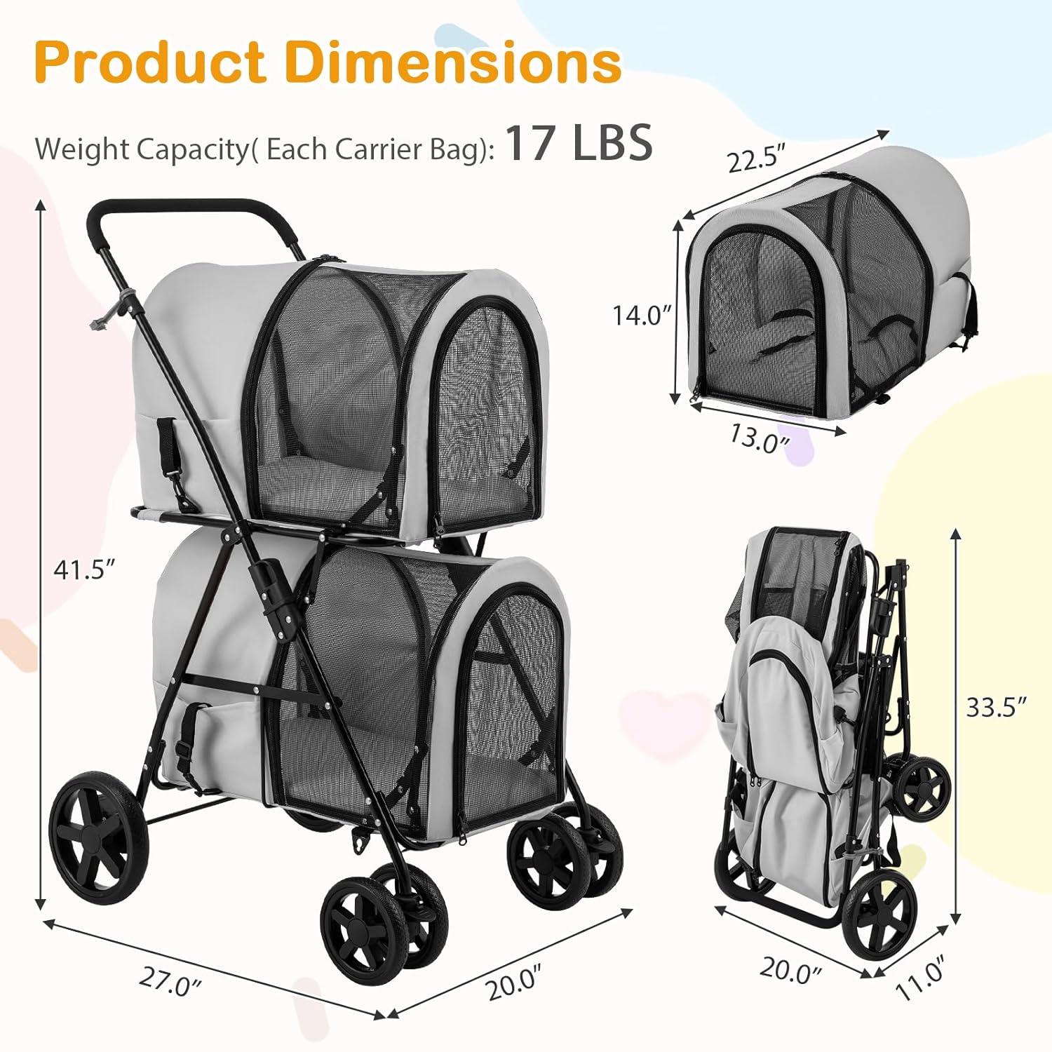 image:imageGiantex Double Pet Stroller with 2 Detachable Carrier Bags Safety Belt 4 Lockable Wheels Folding Cat amp Dog Stroller for Small Medium Pets Cats Dogs Puppy Travel Strolling Cart BeigeGray
