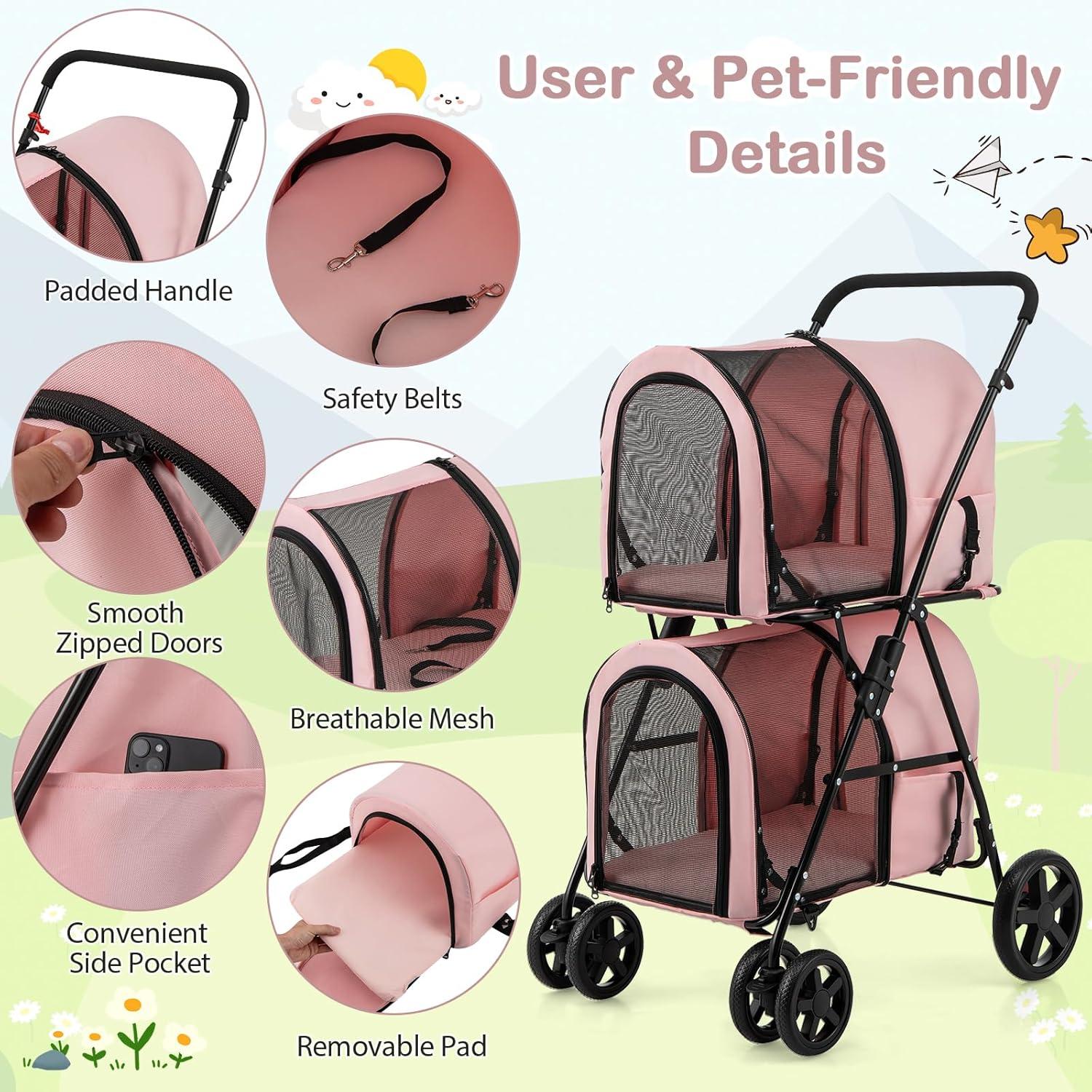 image:imageGiantex Double Pet Stroller with 2 Detachable Carrier Bags Safety Belt 4 Lockable Wheels Folding Cat amp Dog Stroller for Small Medium Pets Cats Dogs Puppy Travel Strolling Cart BeigePink
