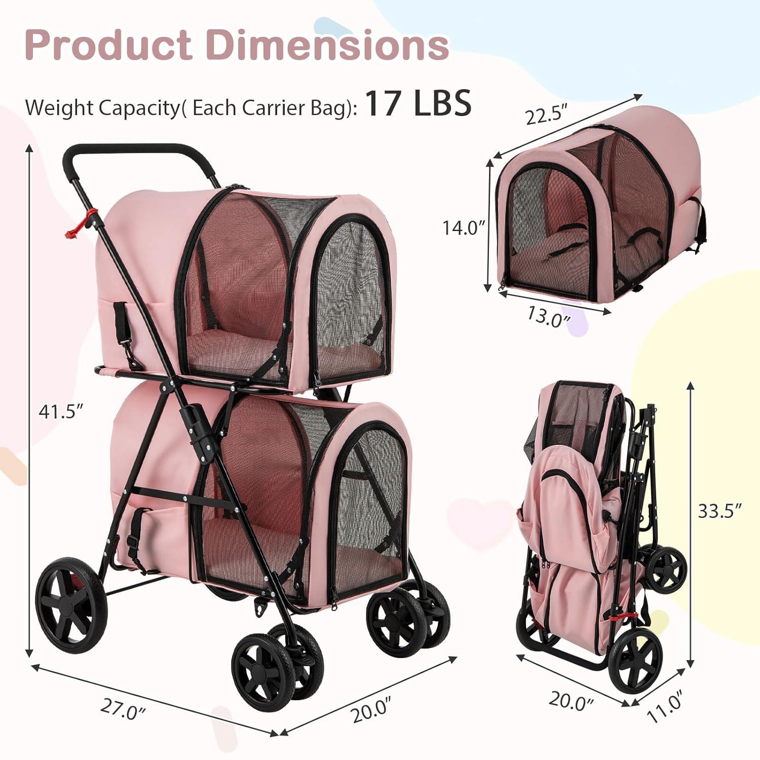 image:imageGiantex Double Pet Stroller with 2 Detachable Carrier Bags Safety Belt 4 Lockable Wheels Folding Cat amp Dog Stroller for Small Medium Pets Cats Dogs Puppy Travel Strolling Cart BeigePink