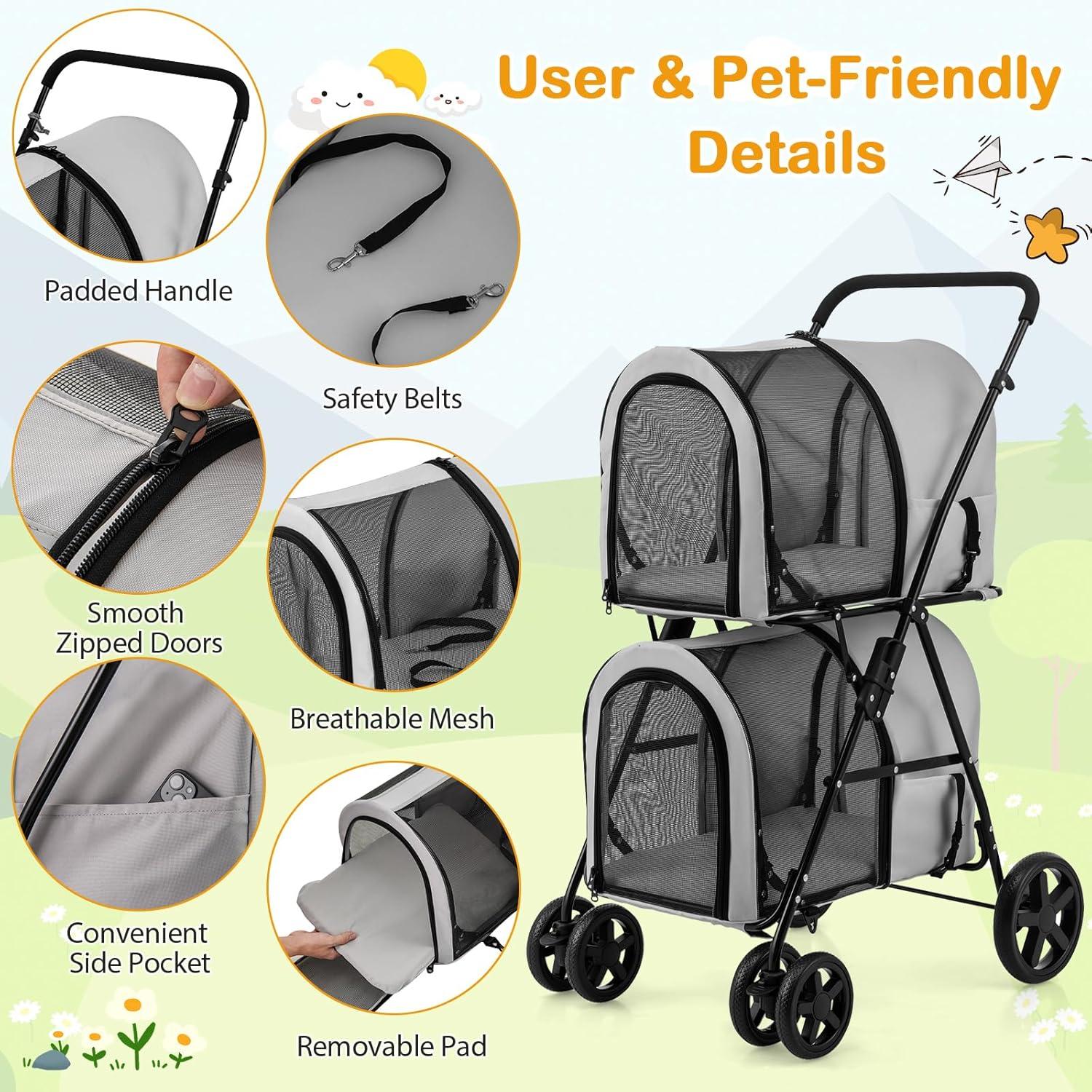 image:imageGiantex Double Pet Stroller with 2 Detachable Carrier Bags Safety Belt 4 Lockable Wheels Folding Cat amp Dog Stroller for Small Medium Pets Cats Dogs Puppy Travel Strolling Cart BeigeGray