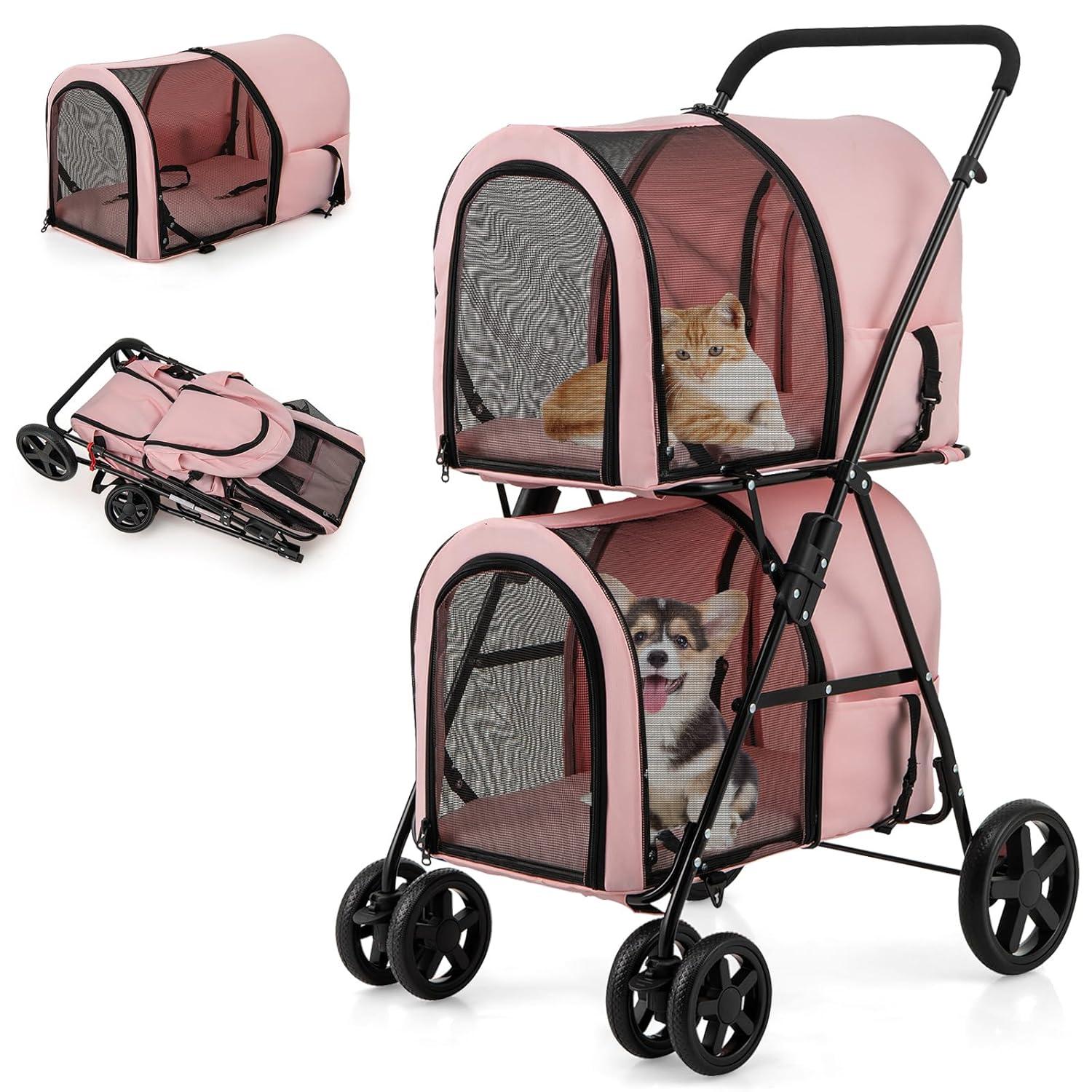 image:imageGiantex Double Pet Stroller with 2 Detachable Carrier Bags Safety Belt 4 Lockable Wheels Folding Cat amp Dog Stroller for Small Medium Pets Cats Dogs Puppy Travel Strolling Cart BeigePink