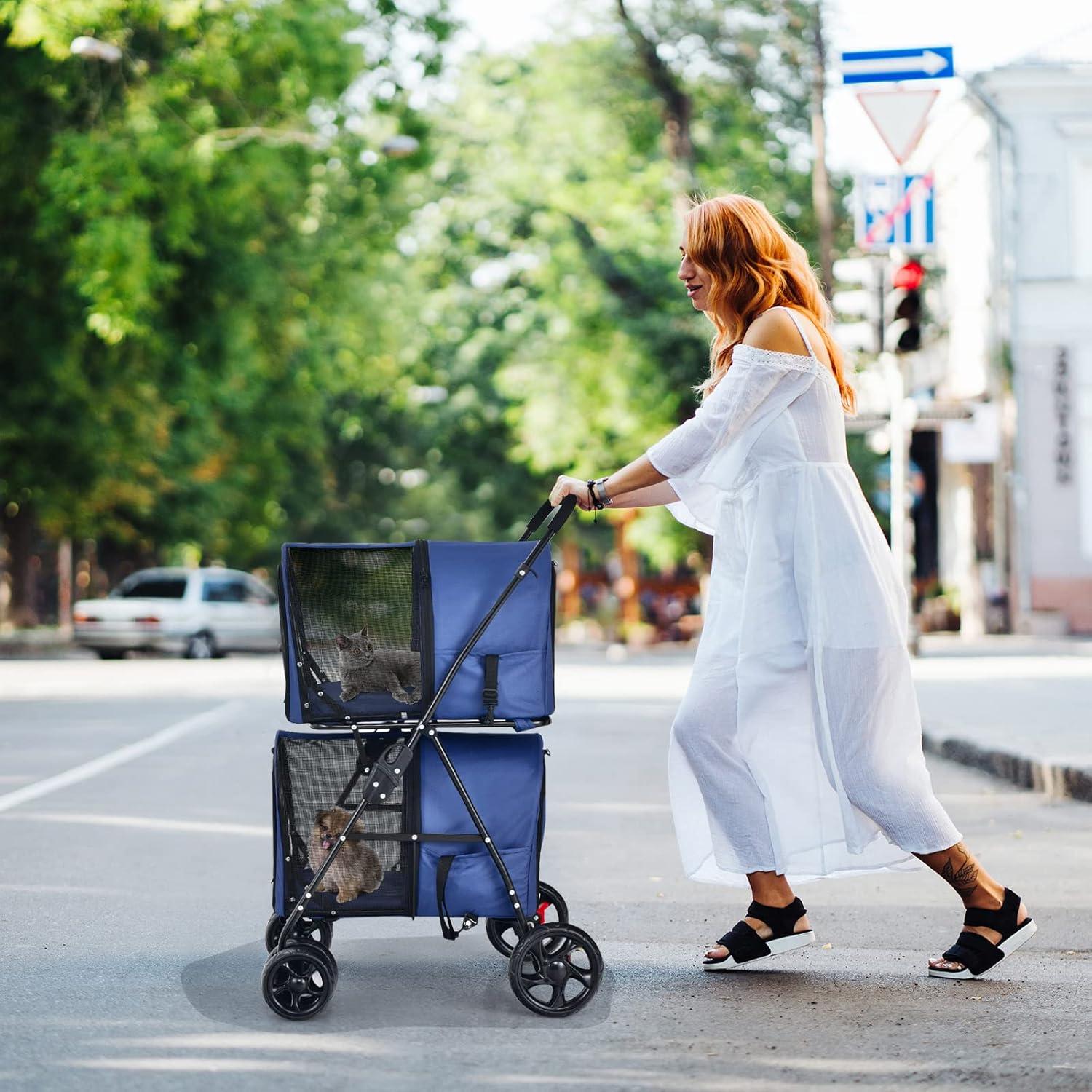 image:imageGiantex Double Pet Stroller with 2 Detachable Carrier Bags Safety Belt 4 Lockable Wheels Folding Cat amp Dog Stroller for Small Medium Pets Cats Dogs Puppy Travel Strolling Cart BeigeNavy