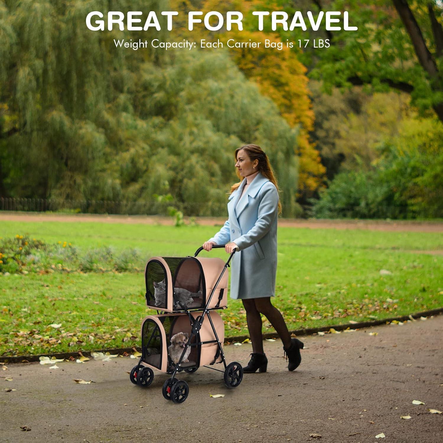 image:imageGiantex Double Pet Stroller with 2 Detachable Carrier Bags Safety Belt 4 Lockable Wheels Folding Cat amp Dog Stroller for Small Medium Pets Cats Dogs Puppy Travel Strolling Cart BeigeBeige