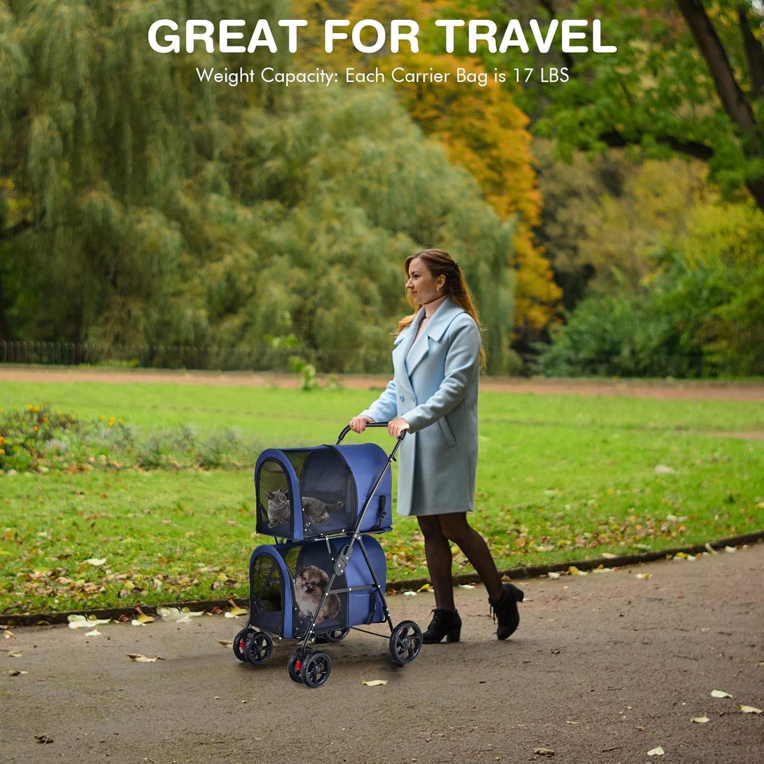 image:imageGiantex Double Pet Stroller with 2 Detachable Carrier Bags Safety Belt 4 Lockable Wheels Folding Cat amp Dog Stroller for Small Medium Pets Cats Dogs Puppy Travel Strolling Cart BeigeNavy