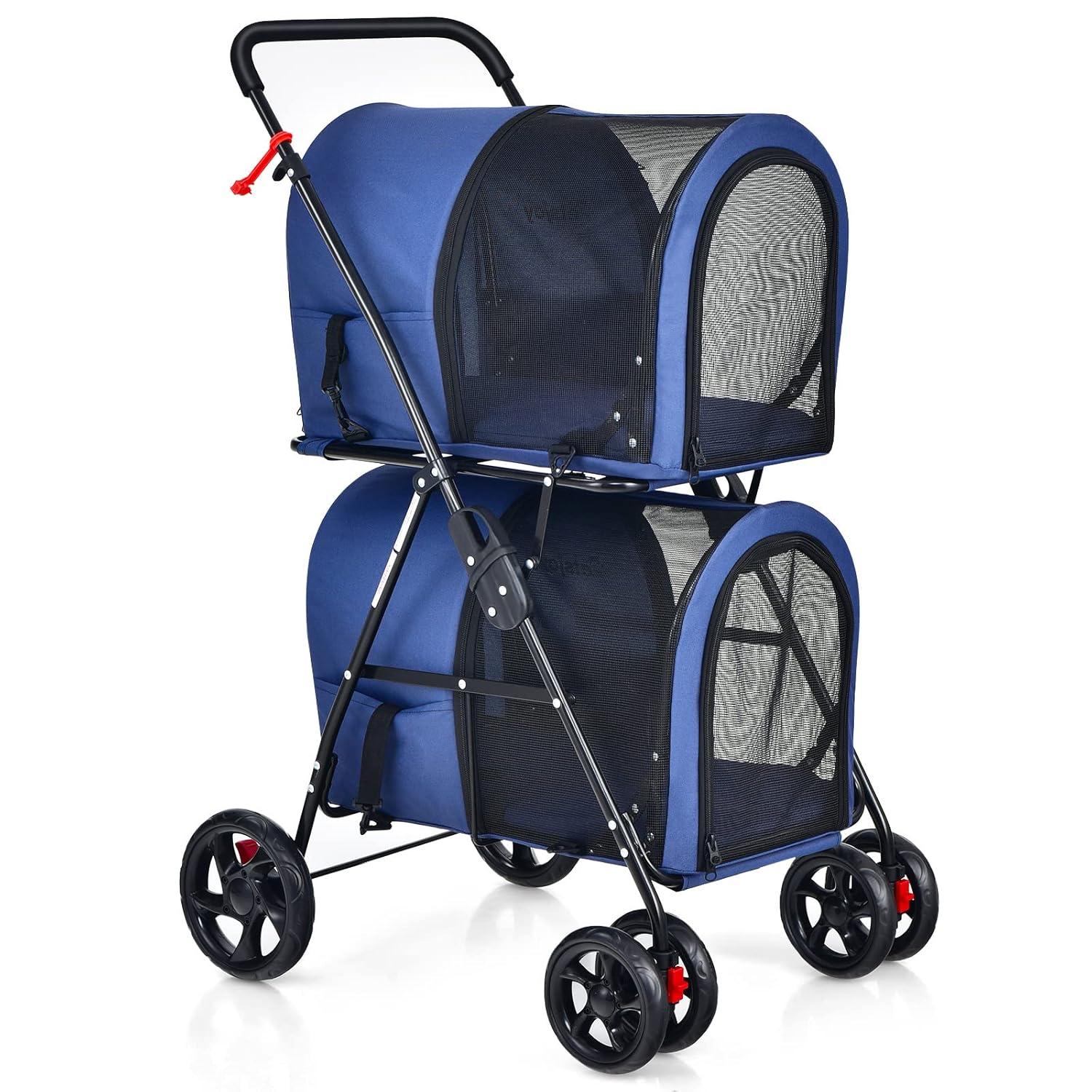 image:imageGiantex Double Pet Stroller with 2 Detachable Carrier Bags Safety Belt 4 Lockable Wheels Folding Cat amp Dog Stroller for Small Medium Pets Cats Dogs Puppy Travel Strolling Cart BeigeNavy