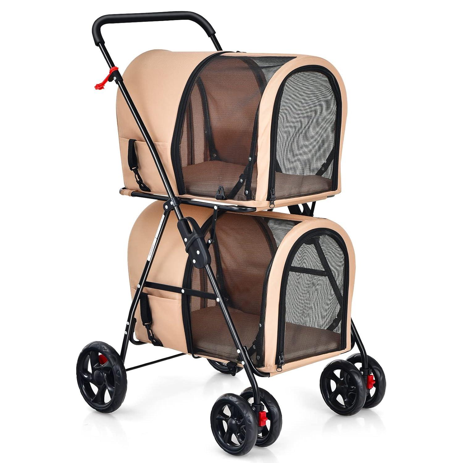 image:imageGiantex Double Pet Stroller with 2 Detachable Carrier Bags Safety Belt 4 Lockable Wheels Folding Cat amp Dog Stroller for Small Medium Pets Cats Dogs Puppy Travel Strolling Cart BeigeBeige