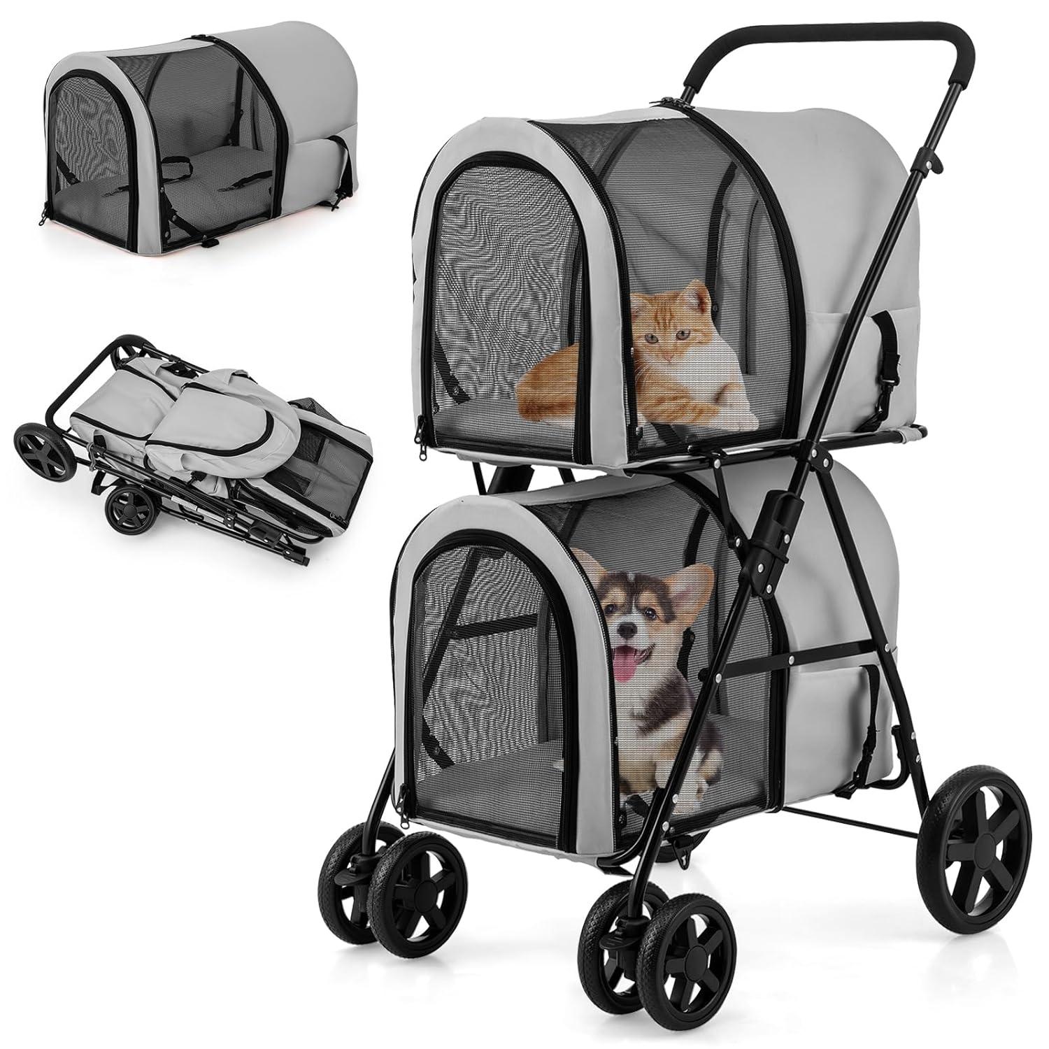image:imageGiantex Double Pet Stroller with 2 Detachable Carrier Bags Safety Belt 4 Lockable Wheels Folding Cat amp Dog Stroller for Small Medium Pets Cats Dogs Puppy Travel Strolling Cart BeigeGray