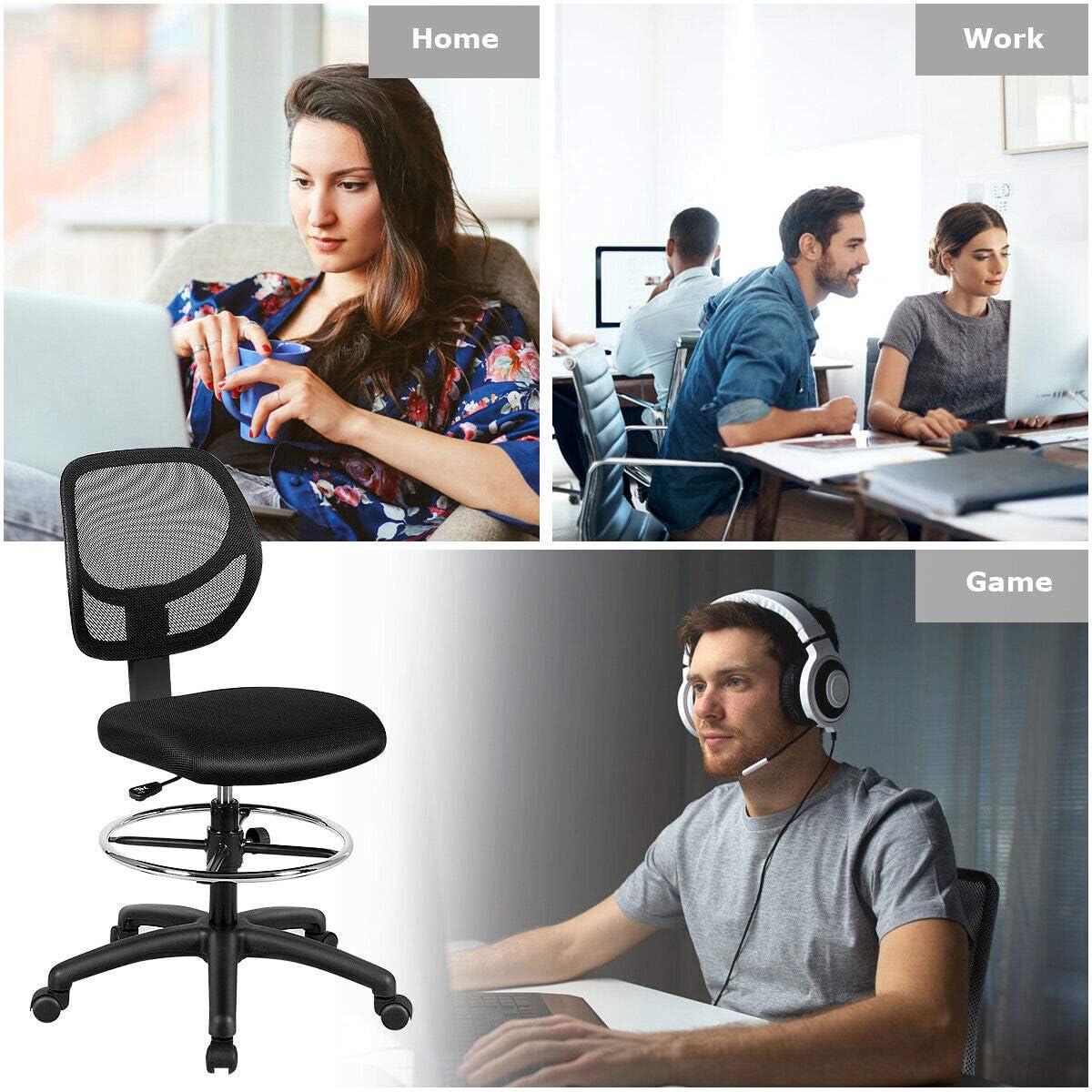 image:imageGiantex Drafting Chair Tall Office Chair with Back Height Adjustable Home Office Chair on Wheels Ergonomic Computer Standing Desk Chair with Footrest Ring for Bedroom Black