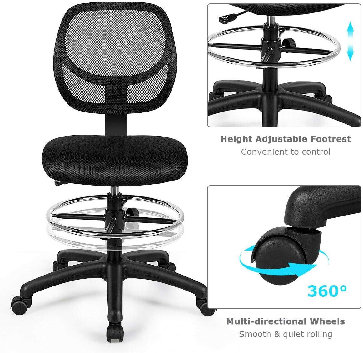 image:imageGiantex Drafting Chair Tall Office Chair with Back Height Adjustable Home Office Chair on Wheels Ergonomic Computer Standing Desk Chair with Footrest Ring for Bedroom Black