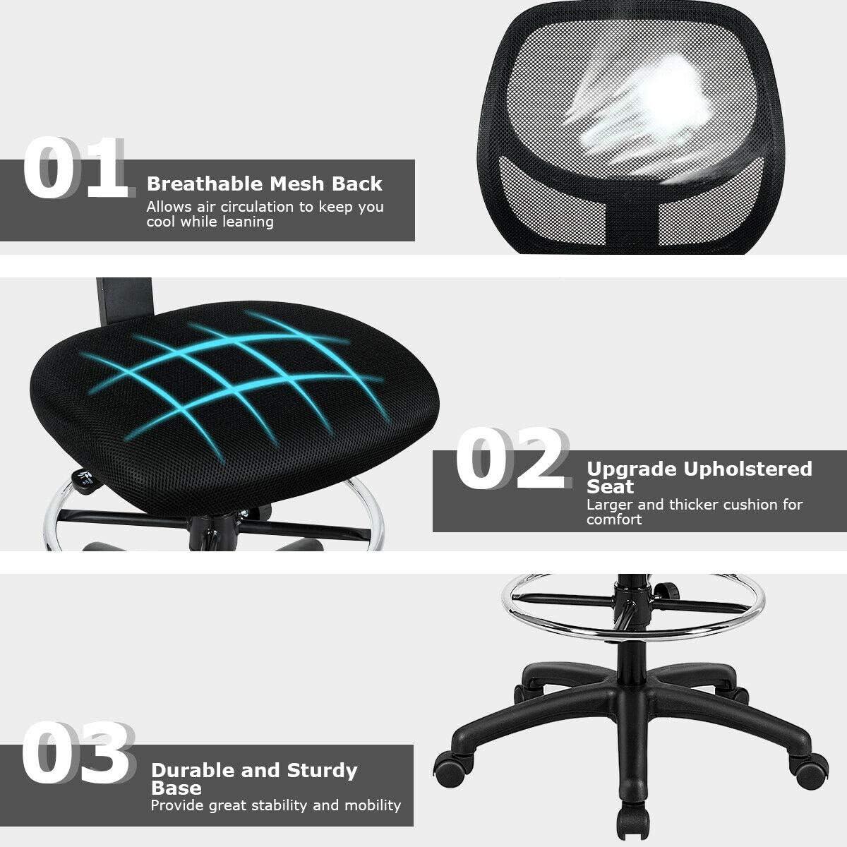 image:imageGiantex Drafting Chair Tall Office Chair with Back Height Adjustable Home Office Chair on Wheels Ergonomic Computer Standing Desk Chair with Footrest Ring for Bedroom Black