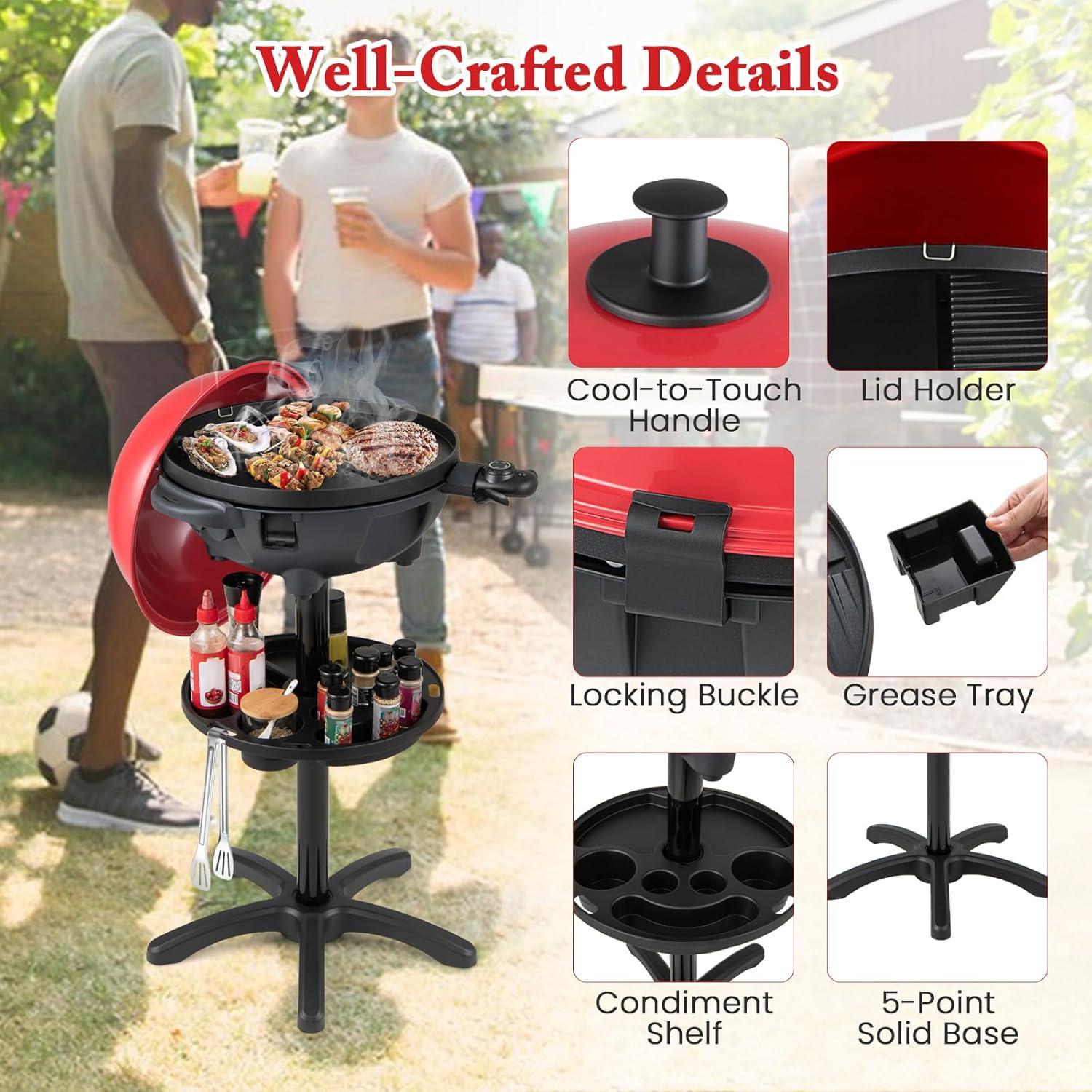 image:imageGiantex Electric Grill Indoor Outdoor Nonstick Grill Griddle Plate 3 Cooking Zones Temperature Control Drip Tray 1350W 200sqin BBQ Grill for Balcony Apartments Backyard Party Camping BlackRed
