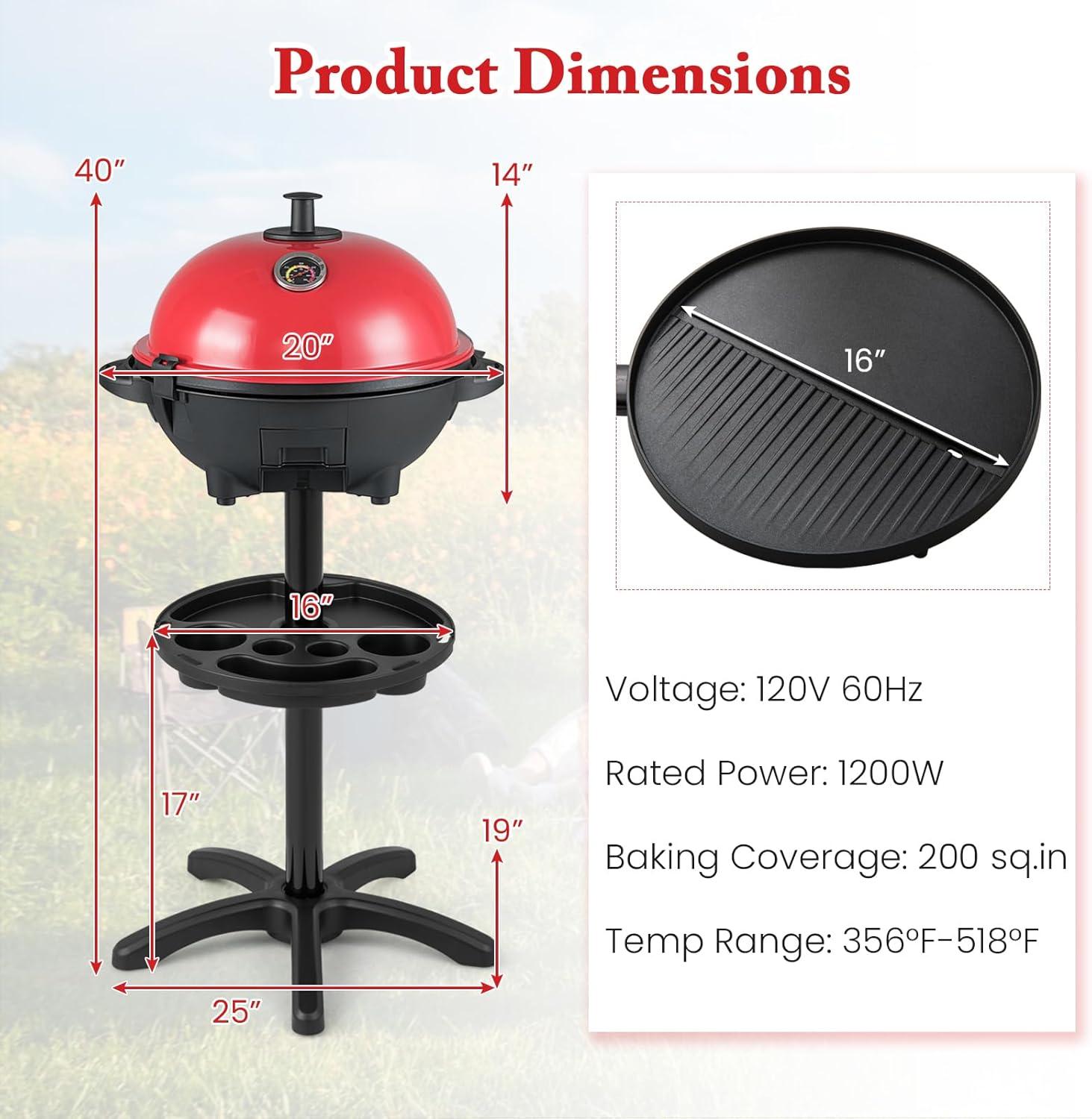 image:imageGiantex Electric Grill Indoor Outdoor Nonstick Grill Griddle Plate 3 Cooking Zones Temperature Control Drip Tray 1350W 200sqin BBQ Grill for Balcony Apartments Backyard Party Camping BlackRed